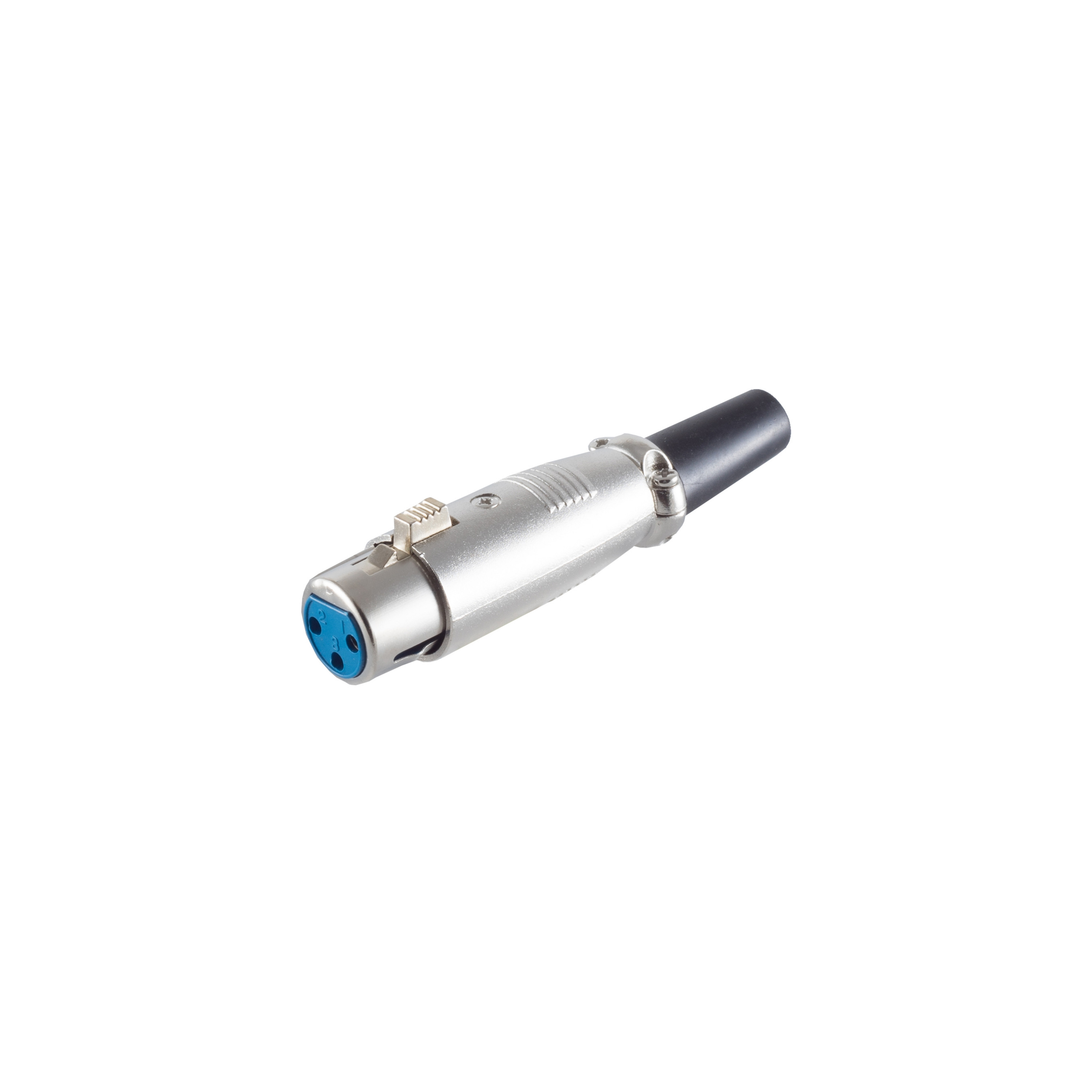Ein silberner XLR-Stecker auf weißem Hintergrund.