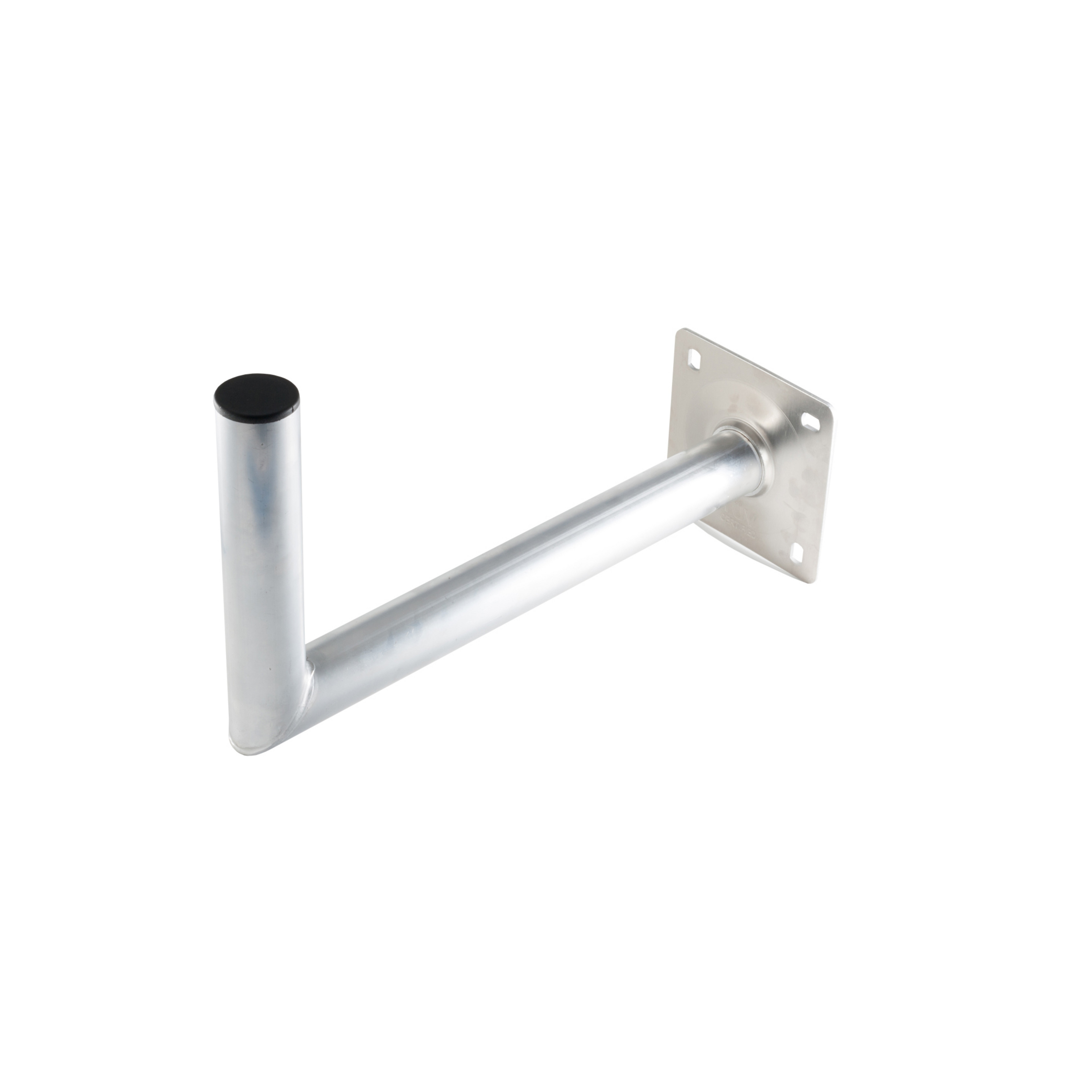 Metall-Antennenhalterung mit schwarzer Kappe am Ende des geraden Arms. Weißer Hintergrund.