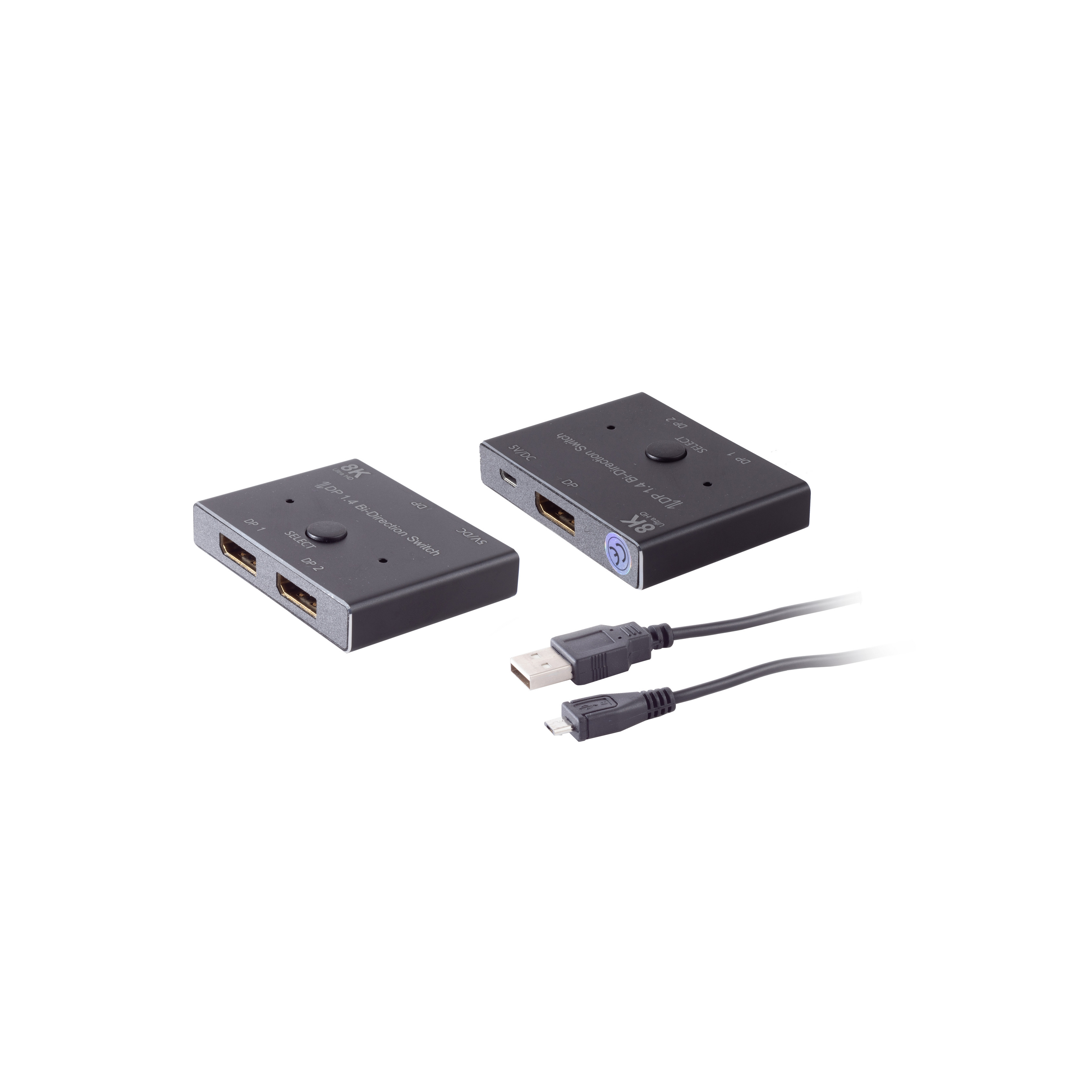 Zwei schwarze HDMI-Umschalter mit USB-Kabeln auf weißem Hintergrund.