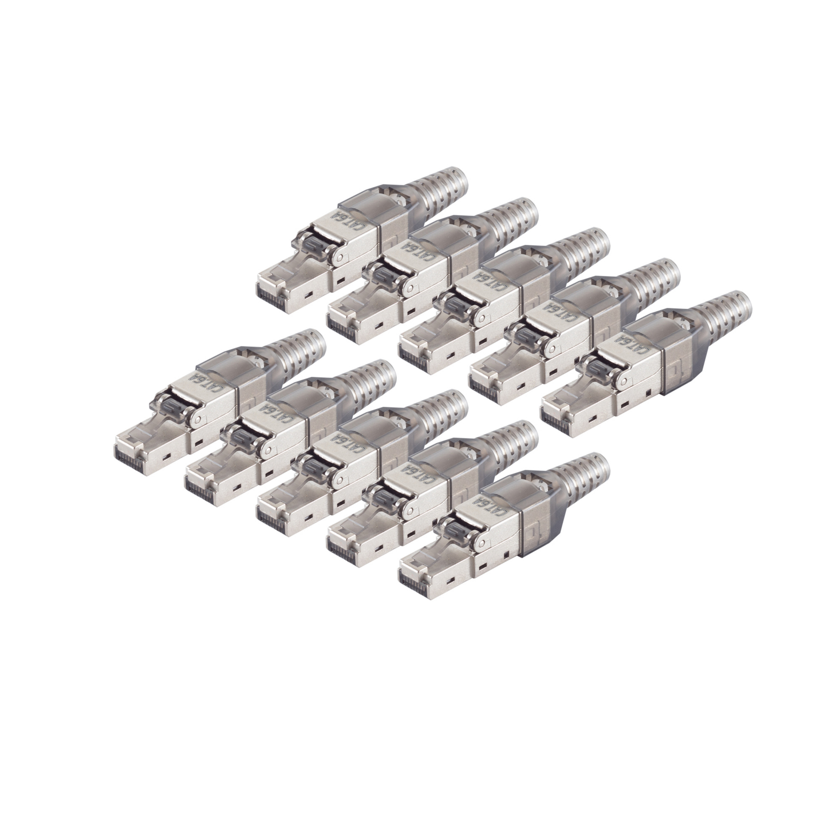 Zehn silberne RJ45-Stecker, isoliert auf weißem Hintergrund.