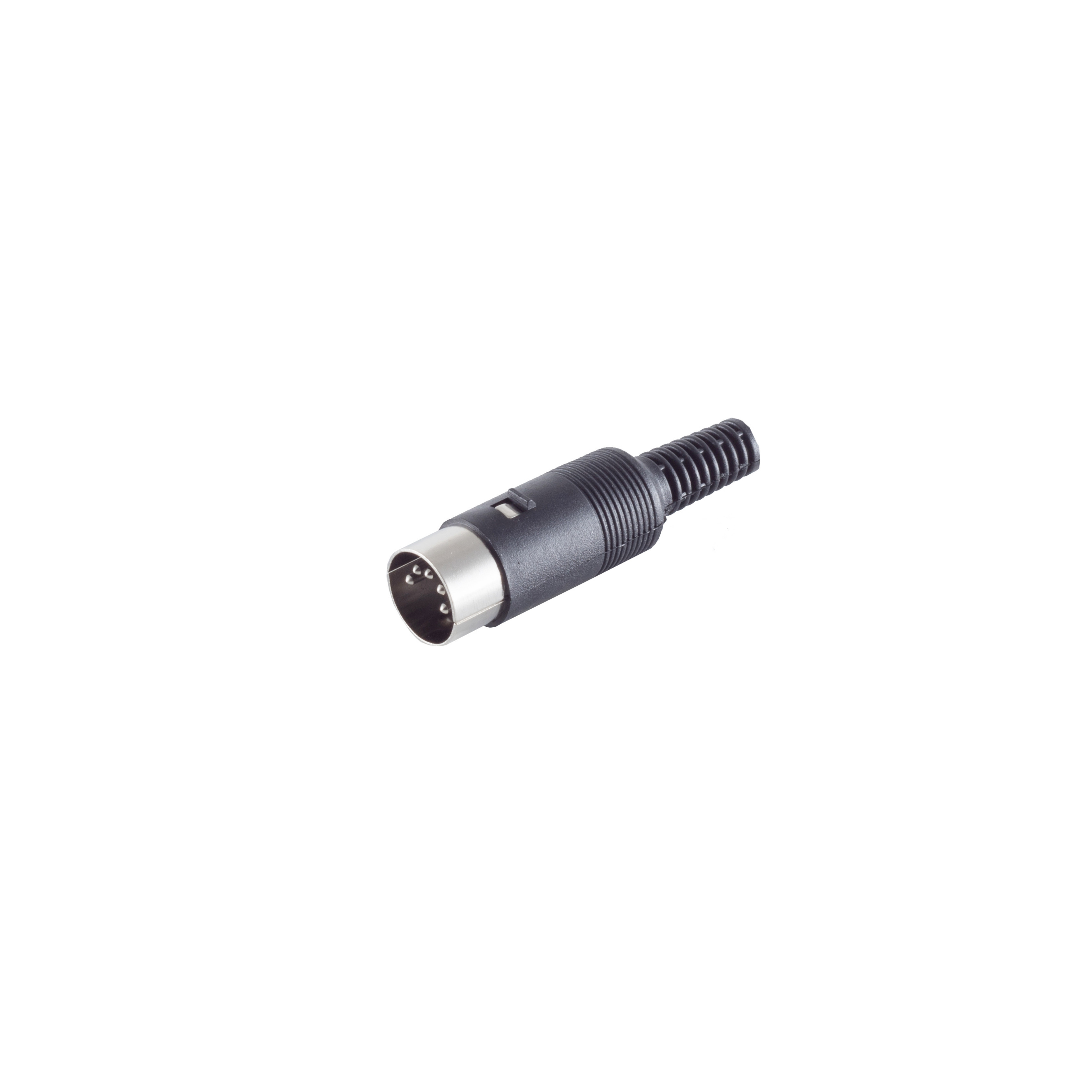 Ein schwarzer 5-poliger DIN-Stecker auf weißem Hintergrund.