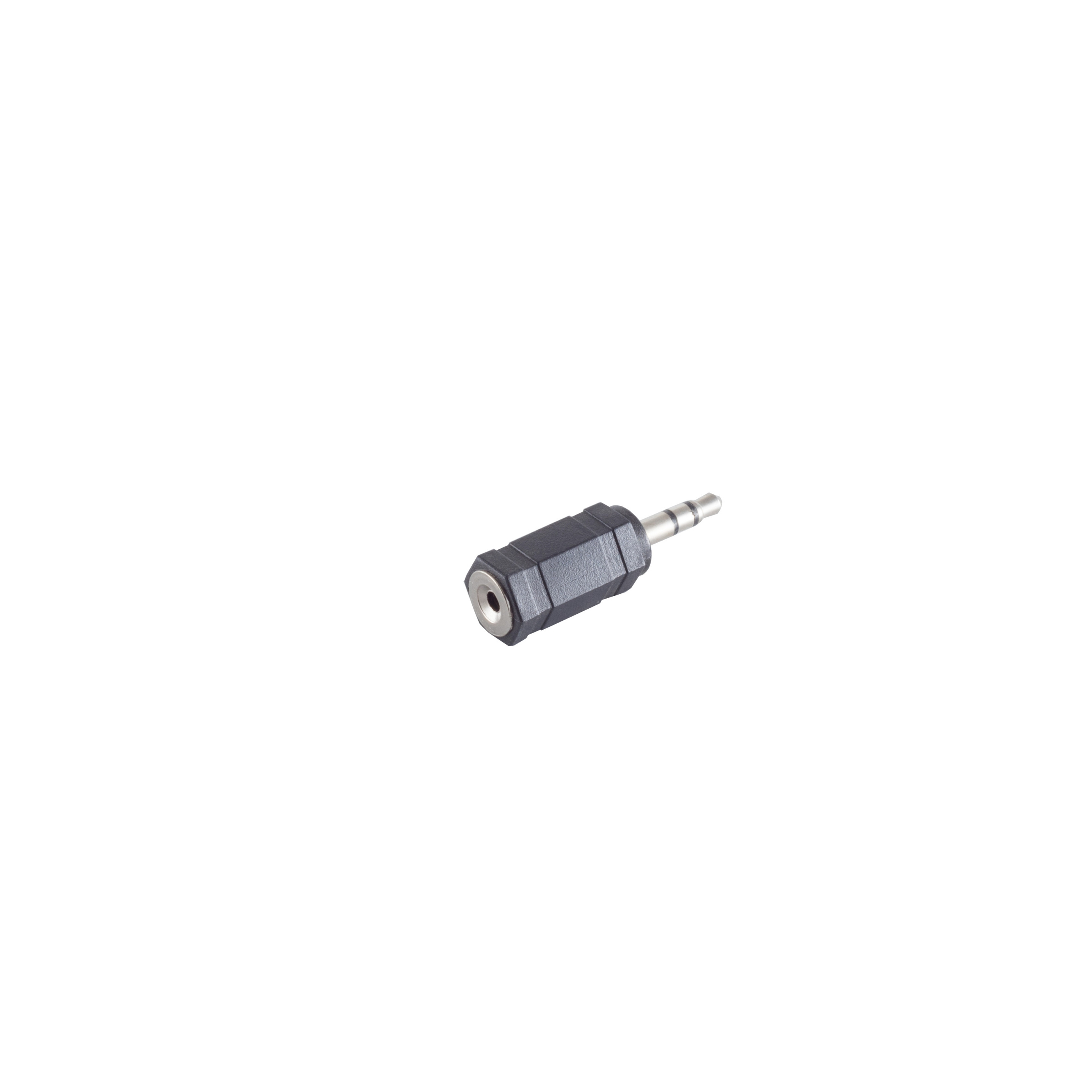 Ein schwarzer 3,5-mm-auf-3,5-mm-Audioadapter auf weißem Hintergrund. Der Adapter ist klein.