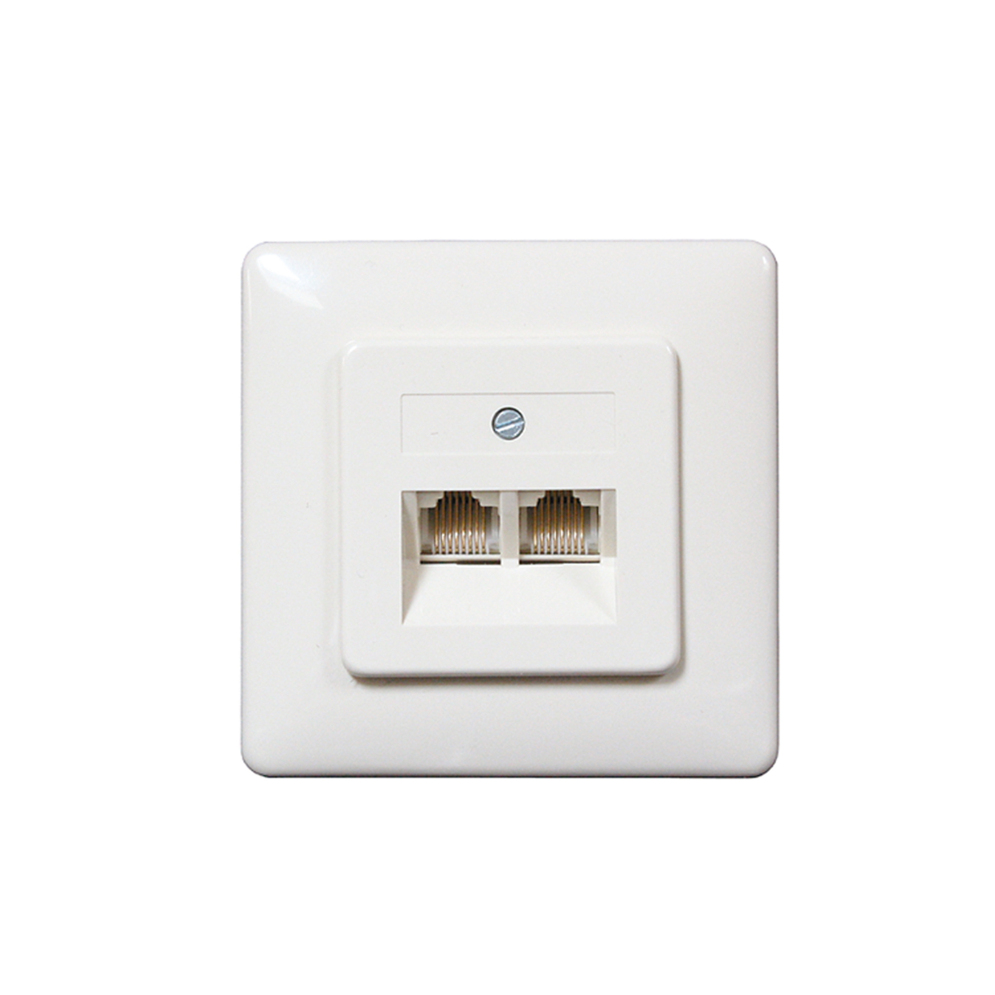 Eine weiße Wandsteckdose mit zwei RJ45-Anschlüssen.