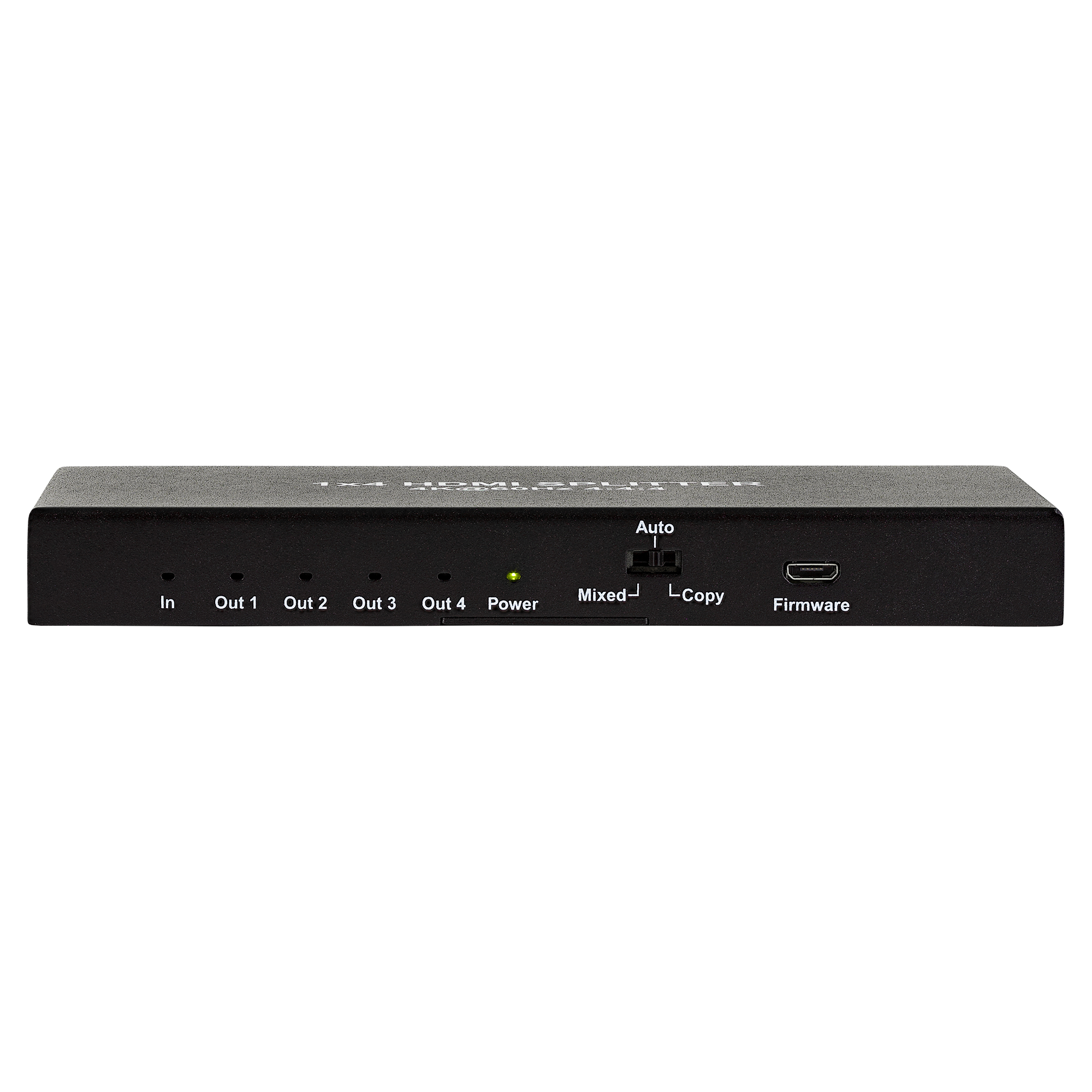Schwarzer HDMI-Splitter mit Eingangs- und Ausgangsanschlüssen, einer Betriebsanzeige und einem USB-Anschluss.