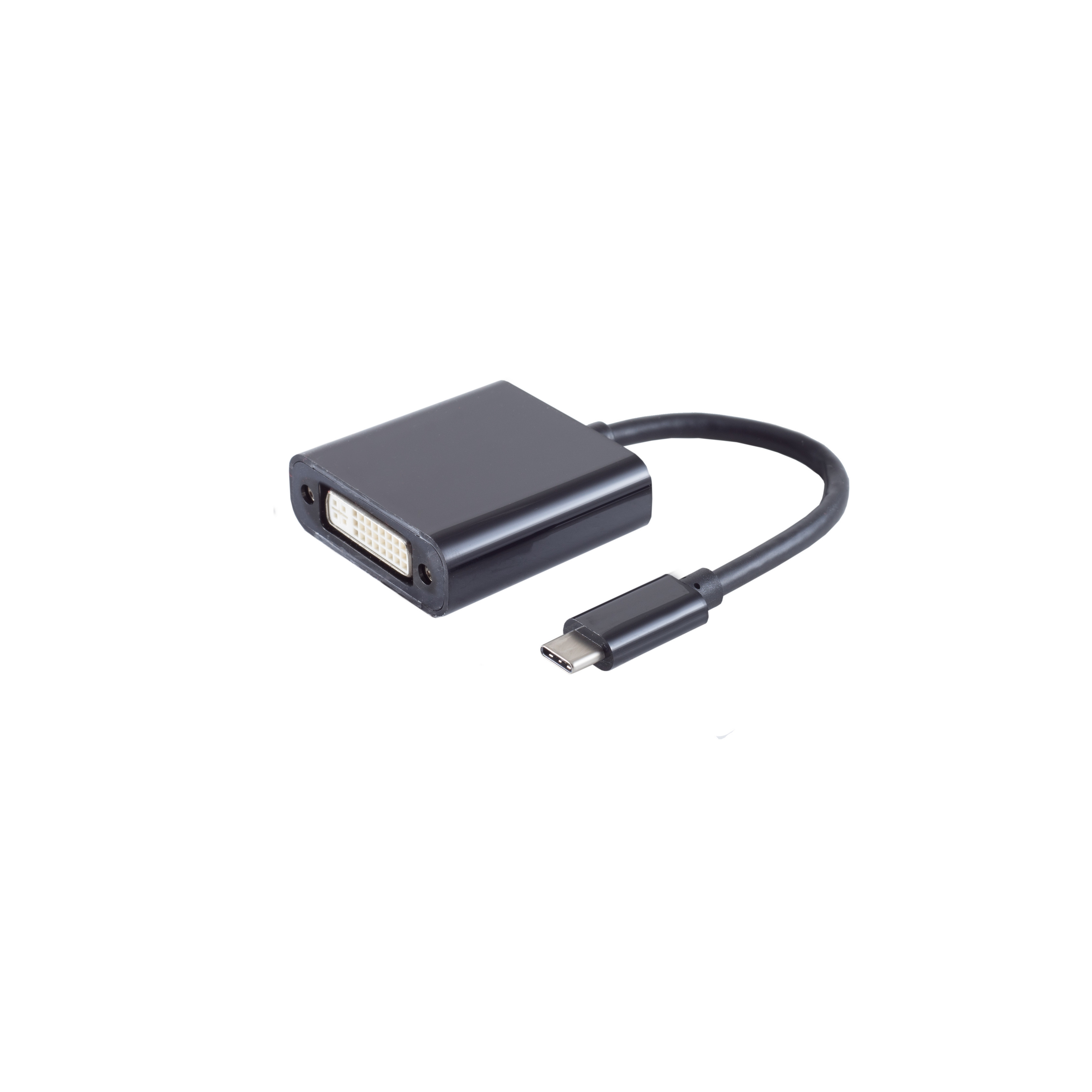 Ein schwarzer Adapter mit einem DVI-Anschluss und einem USB-C-Anschluss, verbunden durch ein kurzes Kabel.