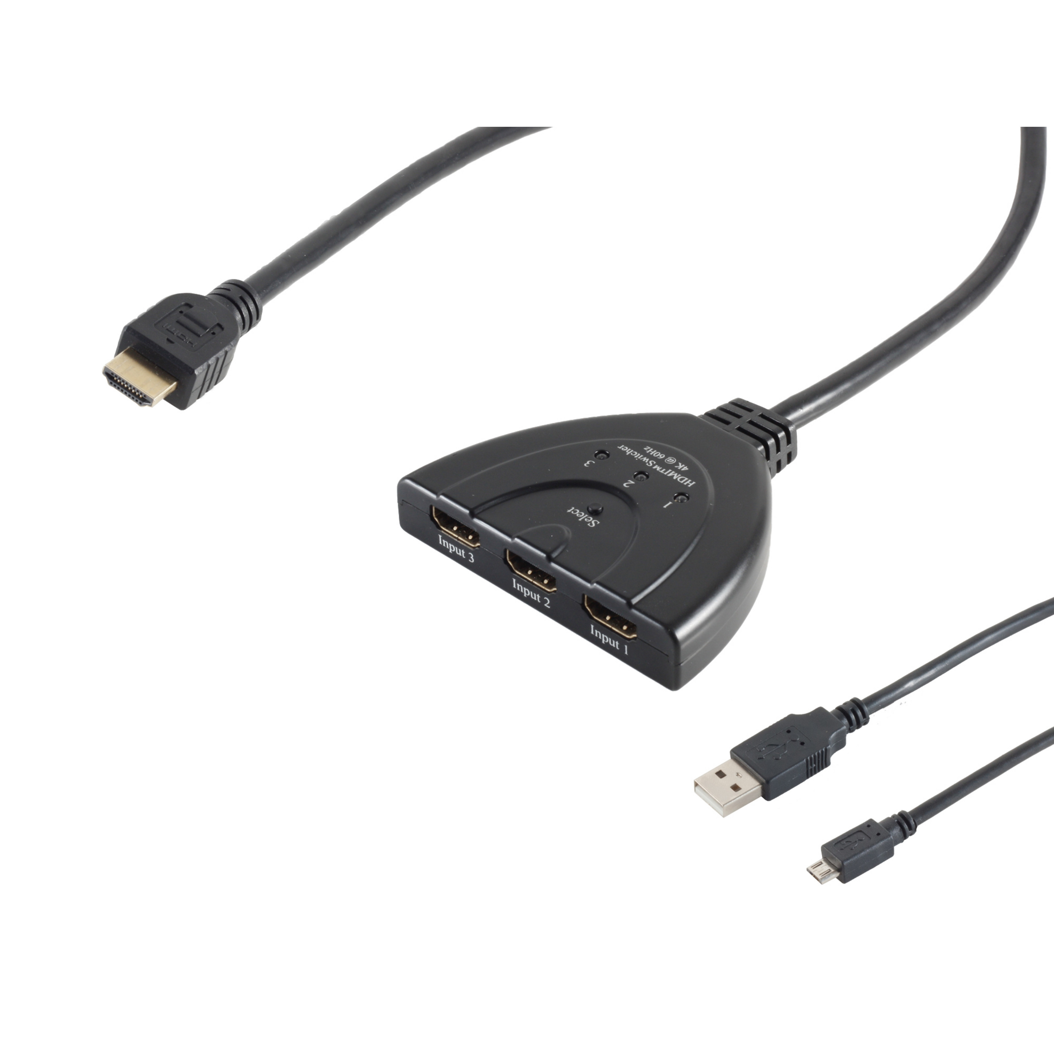 Schwarzer HDMI-Splitter mit drei Eingängen und drei angeschlossenen Kabeln, einschließlich USB- und Micro-USB-Kabel.