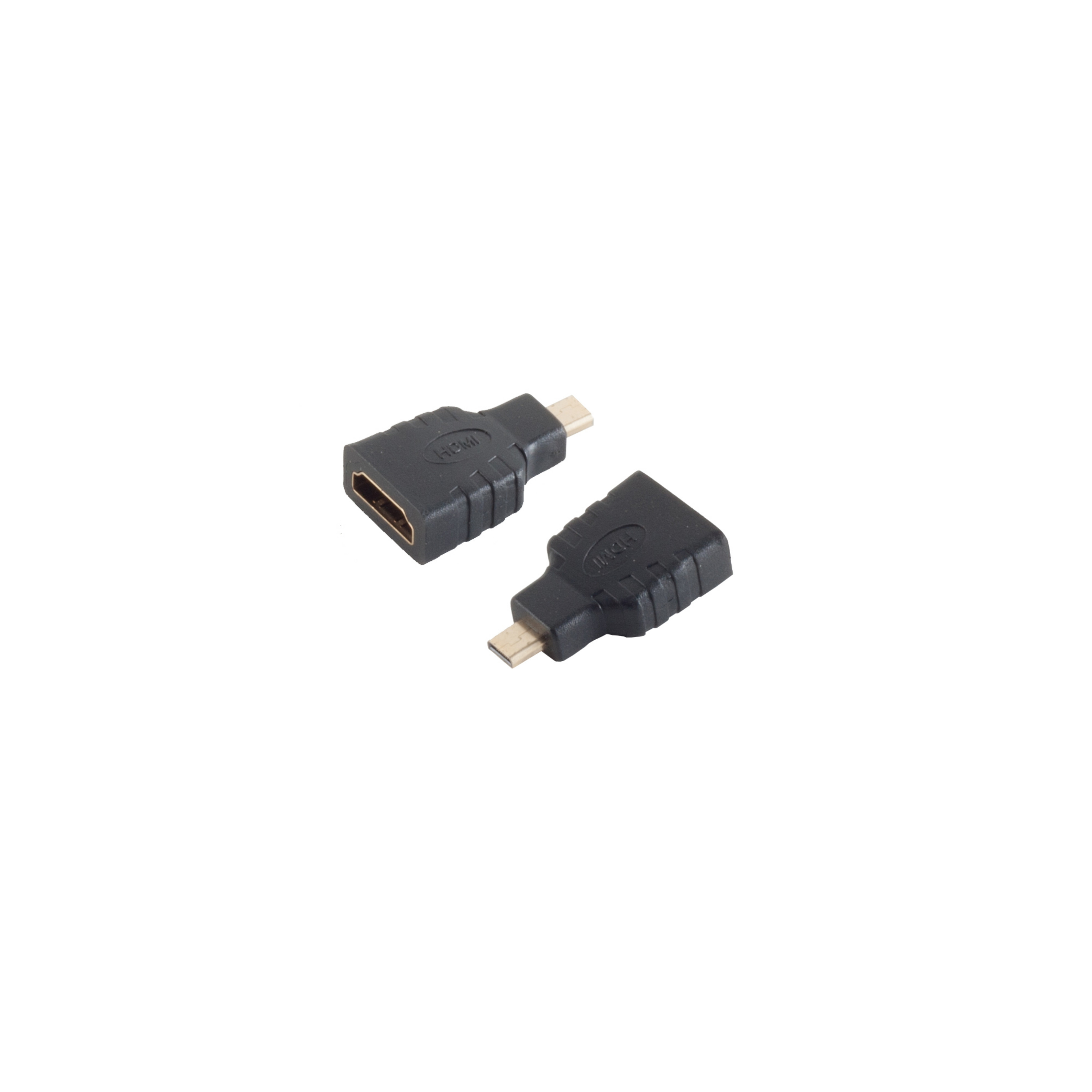 Zwei schwarze HDMI-Adapter auf weißem Hintergrund, zeigen Stecker und Buchsen.