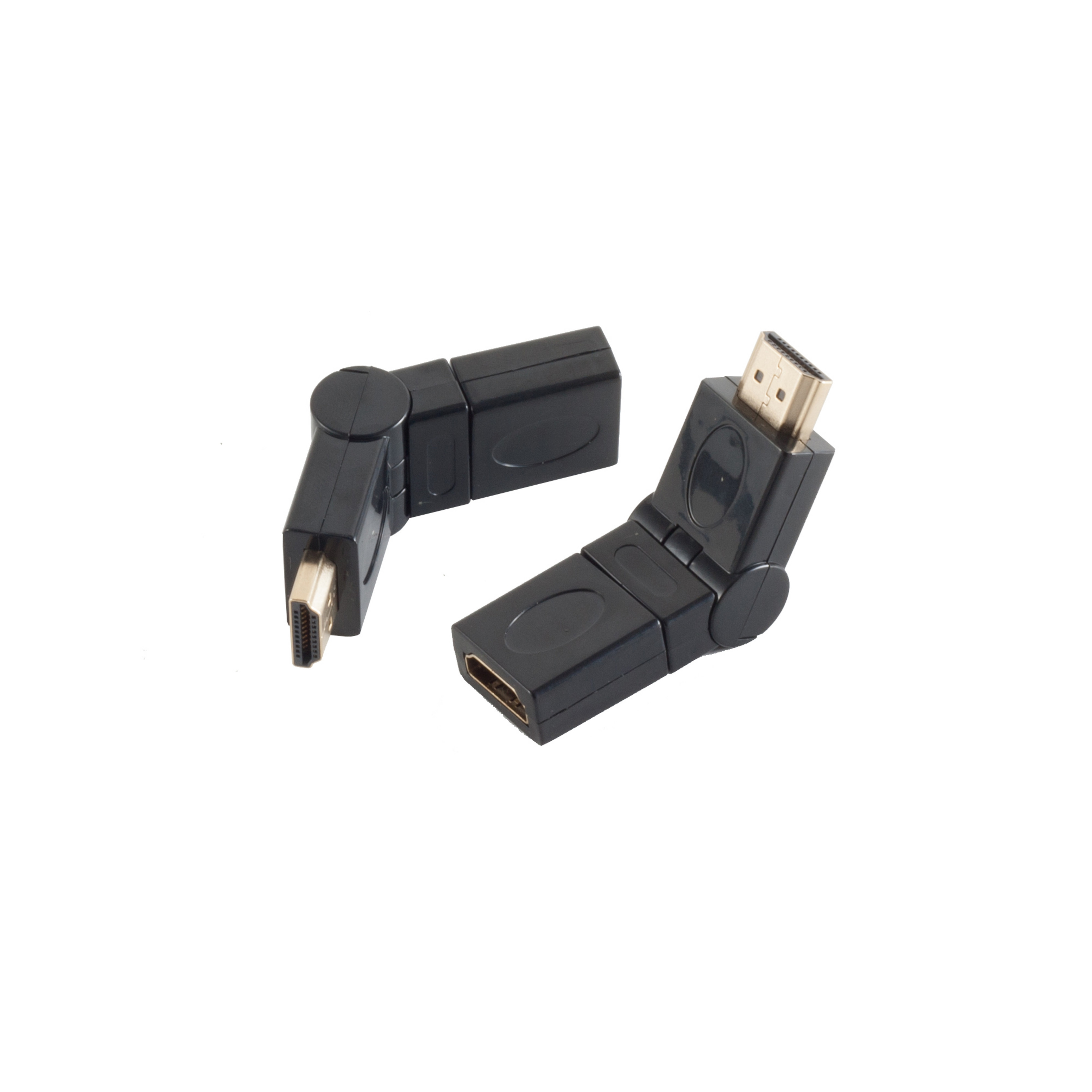 Zwei schwarze HDMI-Adapter mit abgewinkelten Anschlüssen. Sie sind vor weißem Hintergrund.