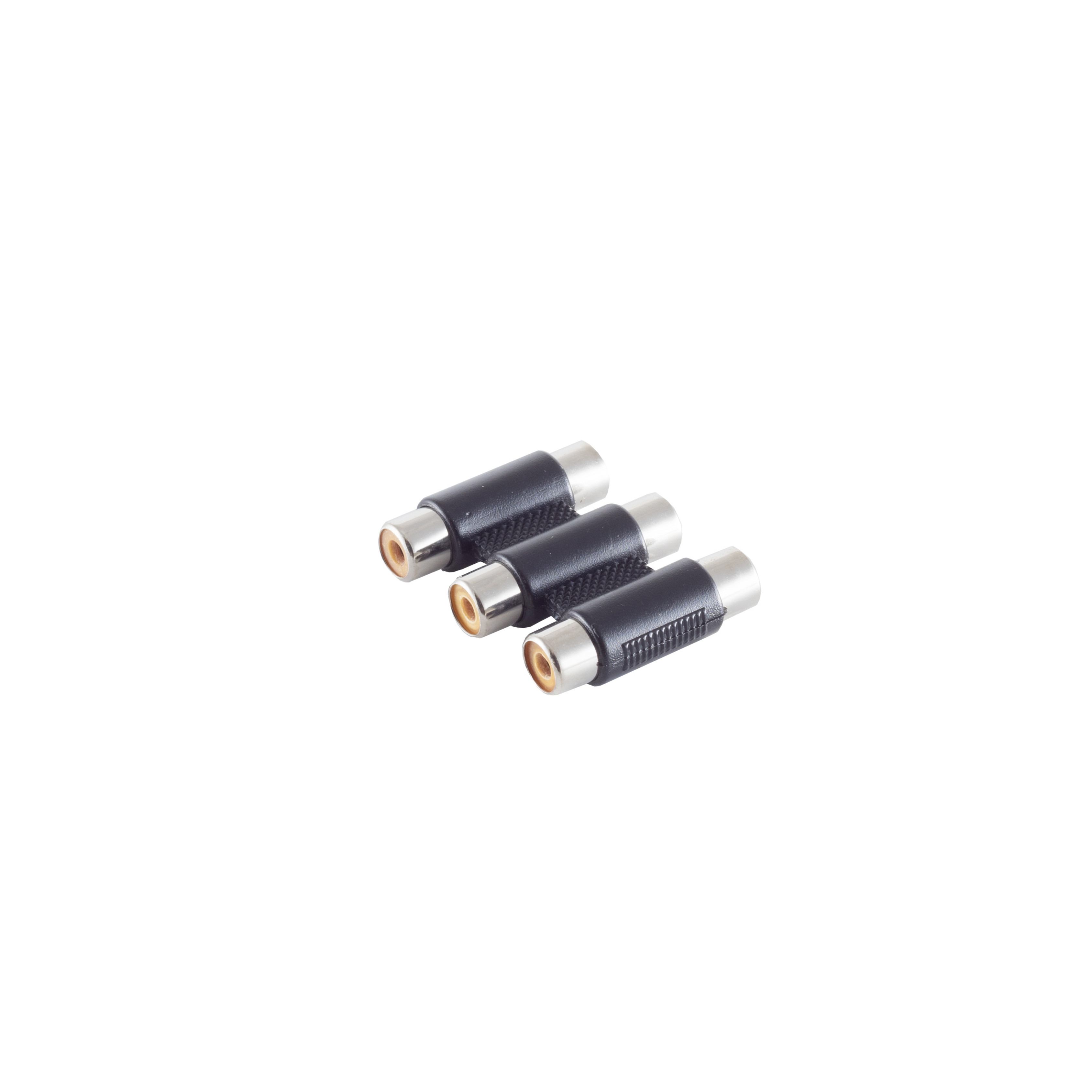 Drei schwarze RCA-Adapterstecker in einer Reihe auf weißem Untergrund, leicht angewinkelt.