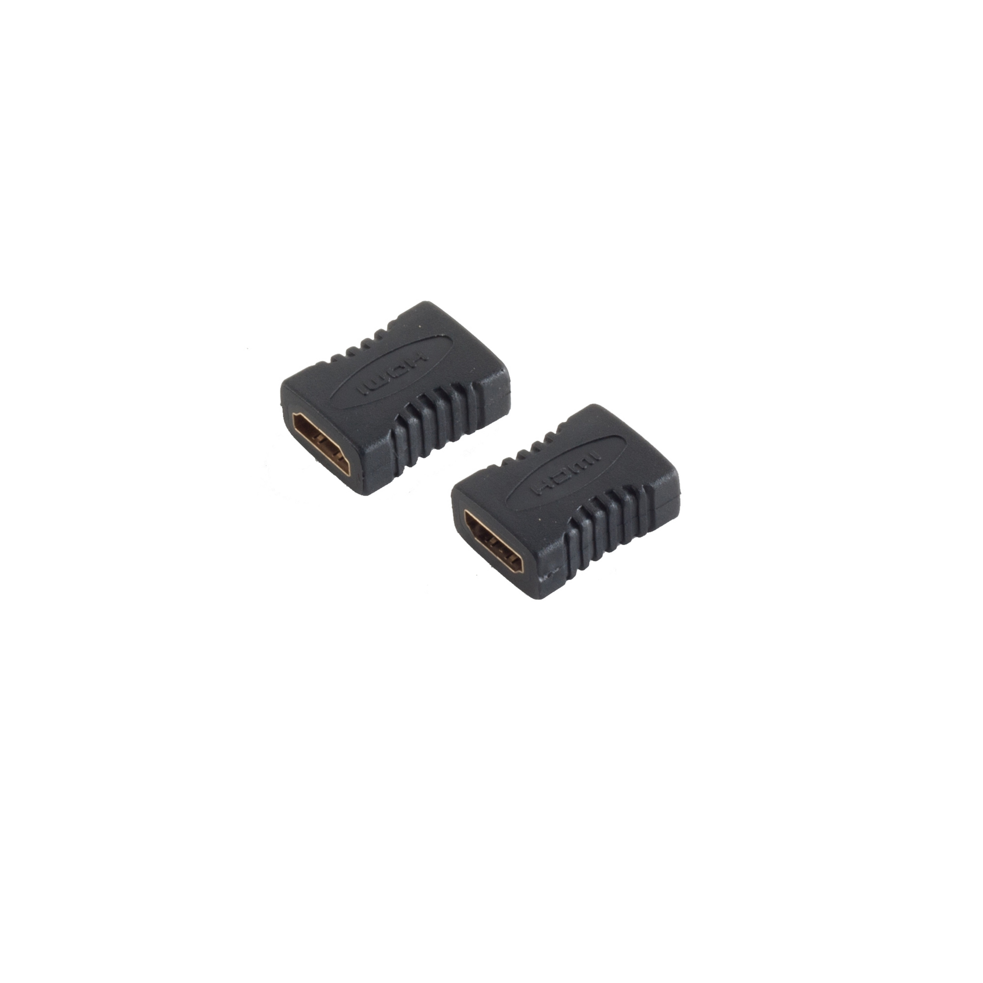 Zwei schwarze HDMI-Adapter auf weißem Hintergrund. Jeder hat einen goldenen HDMI-Anschluss.