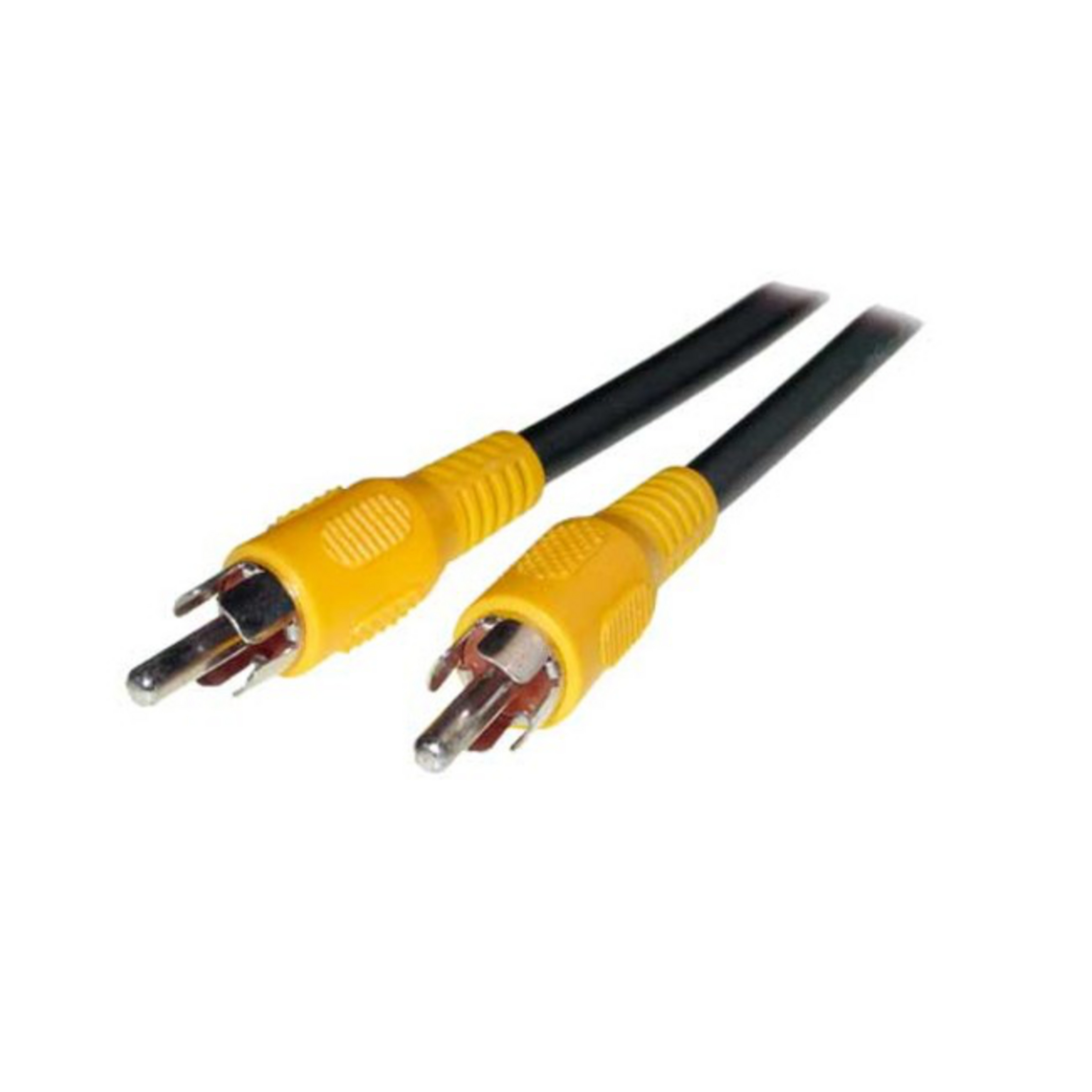 Zwei gelbe Cinch-Kabel mit schwarzen Enden liegen auf einer weißen Oberfläche.