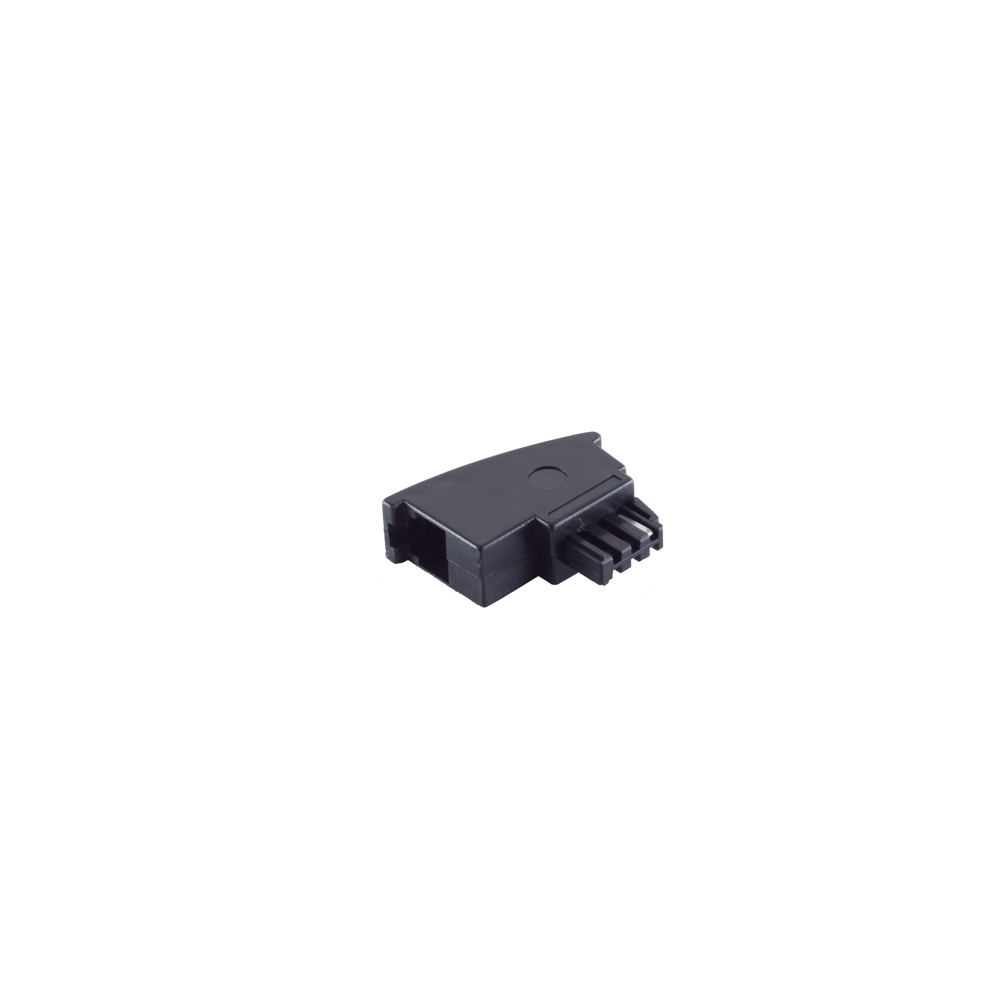 Ein schwarzer RJ45-Steckverbinder auf weißem Hintergrund.