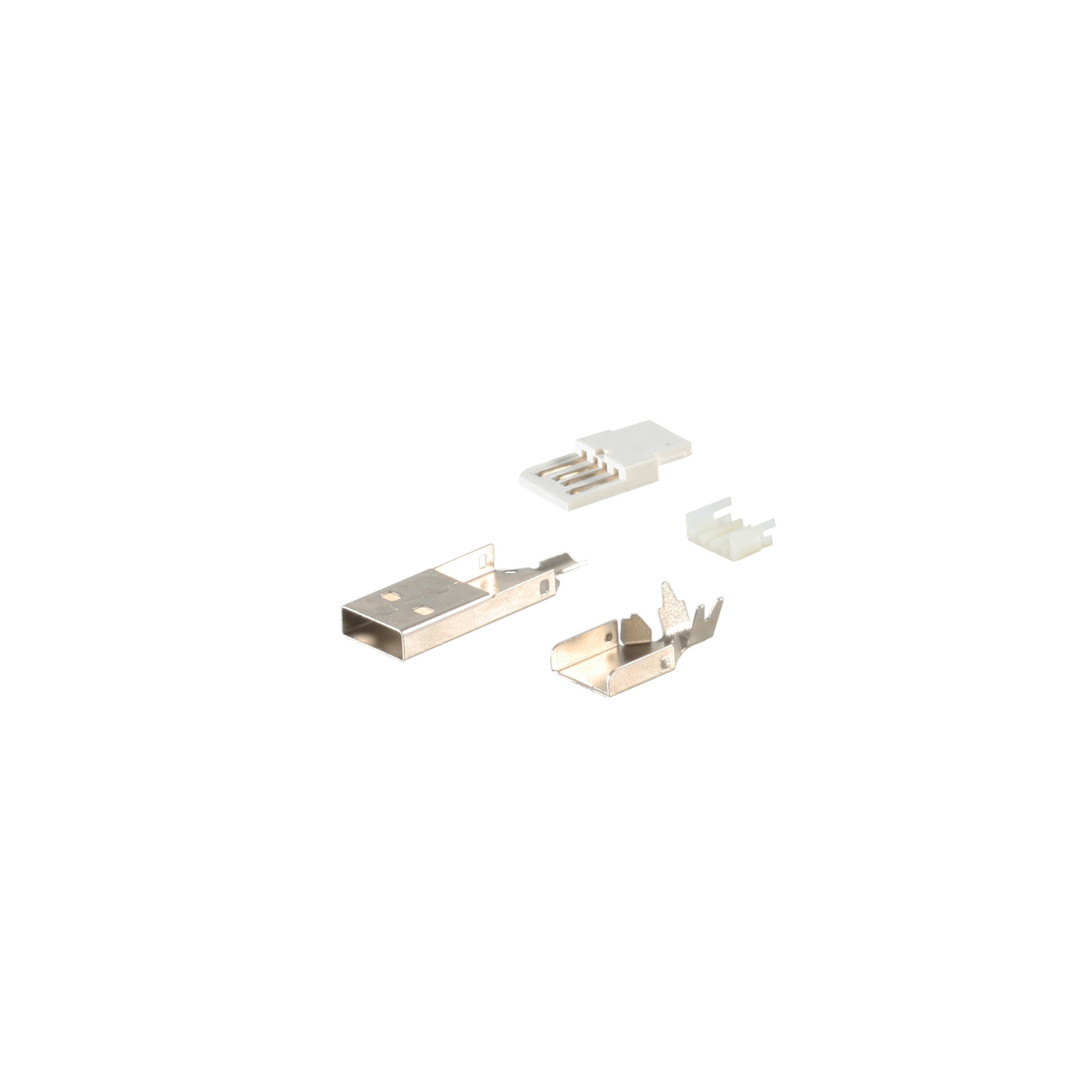 Vier USB-Anschlüsse und Metallgehäuseteile, weißer Hintergrund.