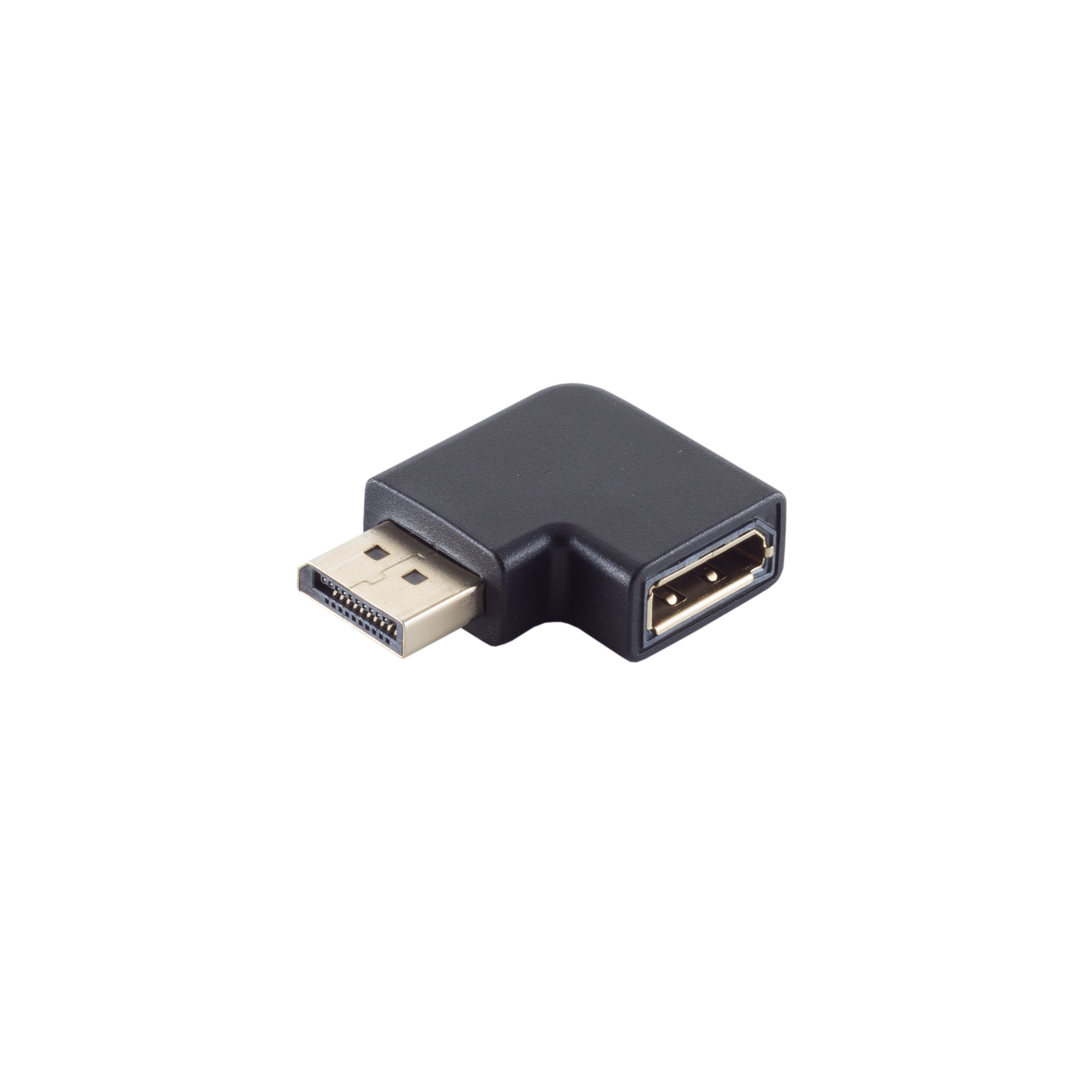 Schwarzer, rechtwinkliger HDMI-zu-DisplayPort-Adapter, isoliert auf weißem Hintergrund.