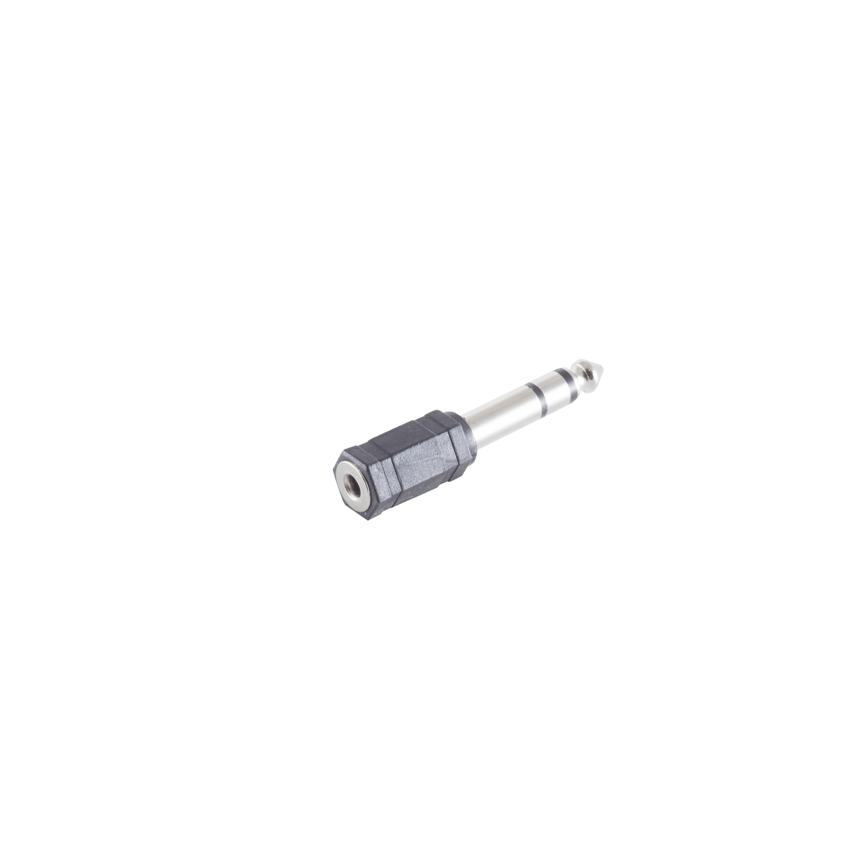 Ein silberner und schwarzer Audioadapter auf weißem Hintergrund. Er hat einen 6,35-mm-Anschluss.