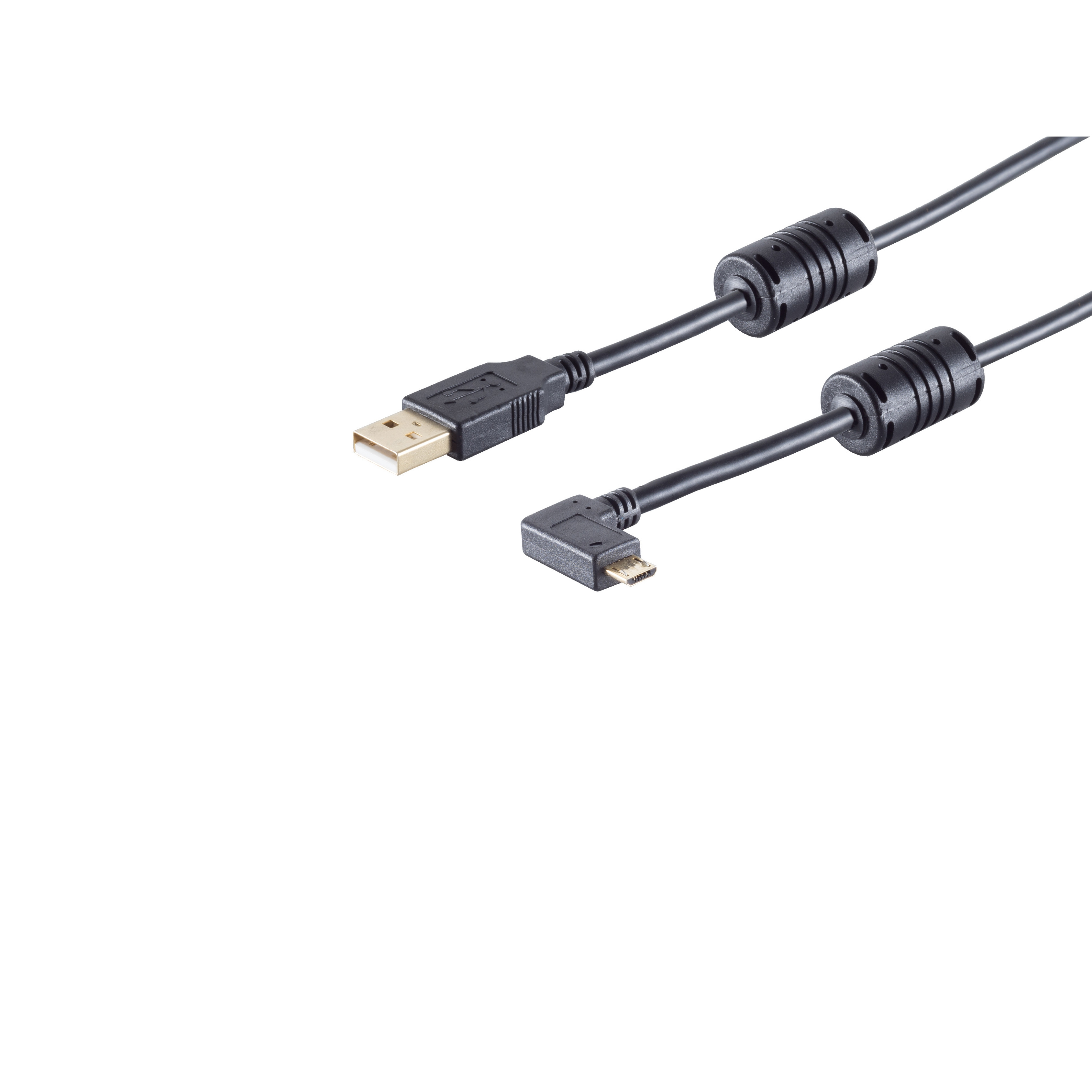 Cavo USB nero con connettore USB dorato e connettore angolato più piccolo. Sfondo bianco.