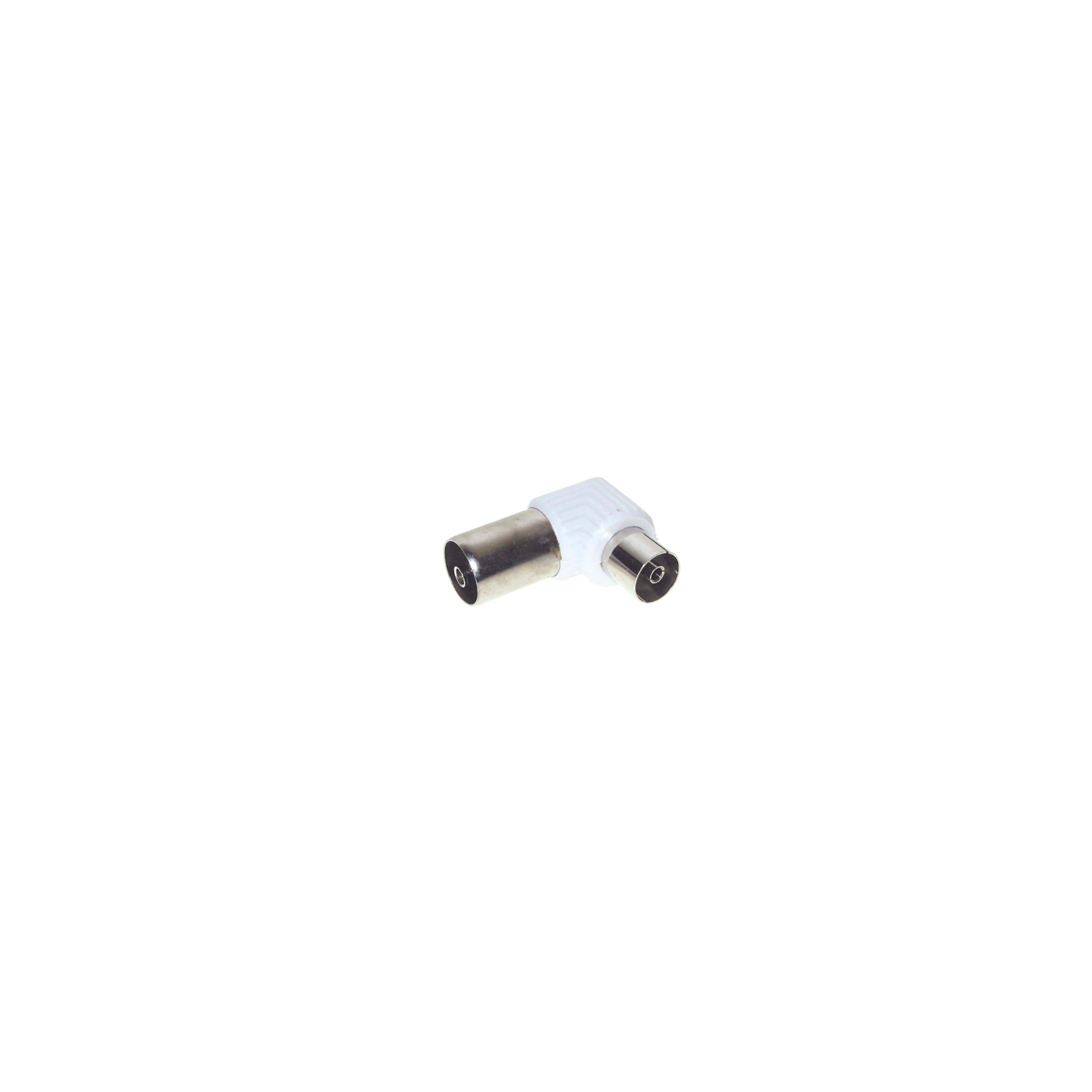 Weißer rechtwinkliger Koaxialkabeladapter. Es hat ein silbernes Metallende.