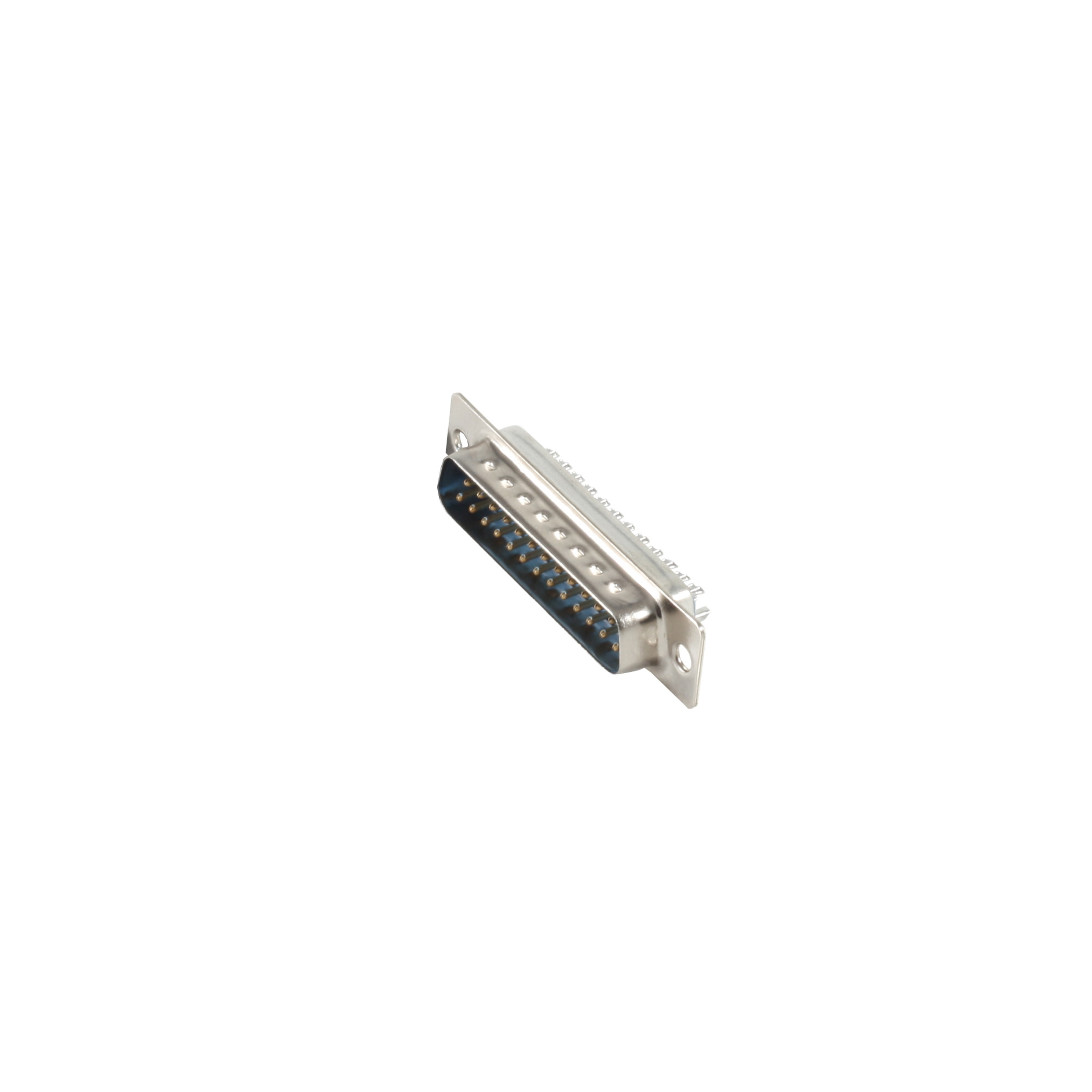 Ein silberner D-Sub-Stecker auf weißem Hintergrund. Es ist ein Stecker mit mehreren Pins.