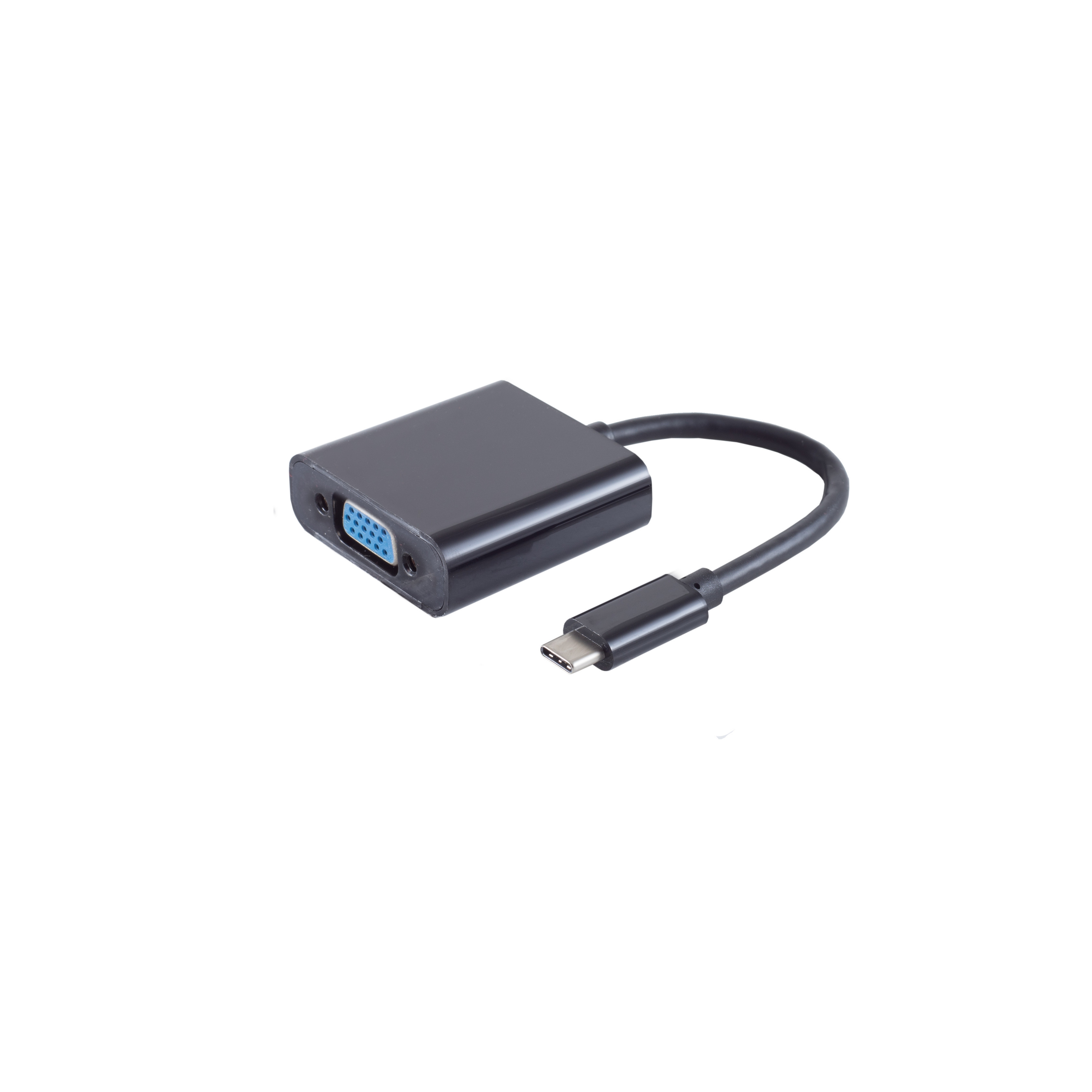 Ein schwarzes USB-C-auf-VGA-Adapterkabel auf einer weißen Oberfläche. Der Adapter ist rechteckig.