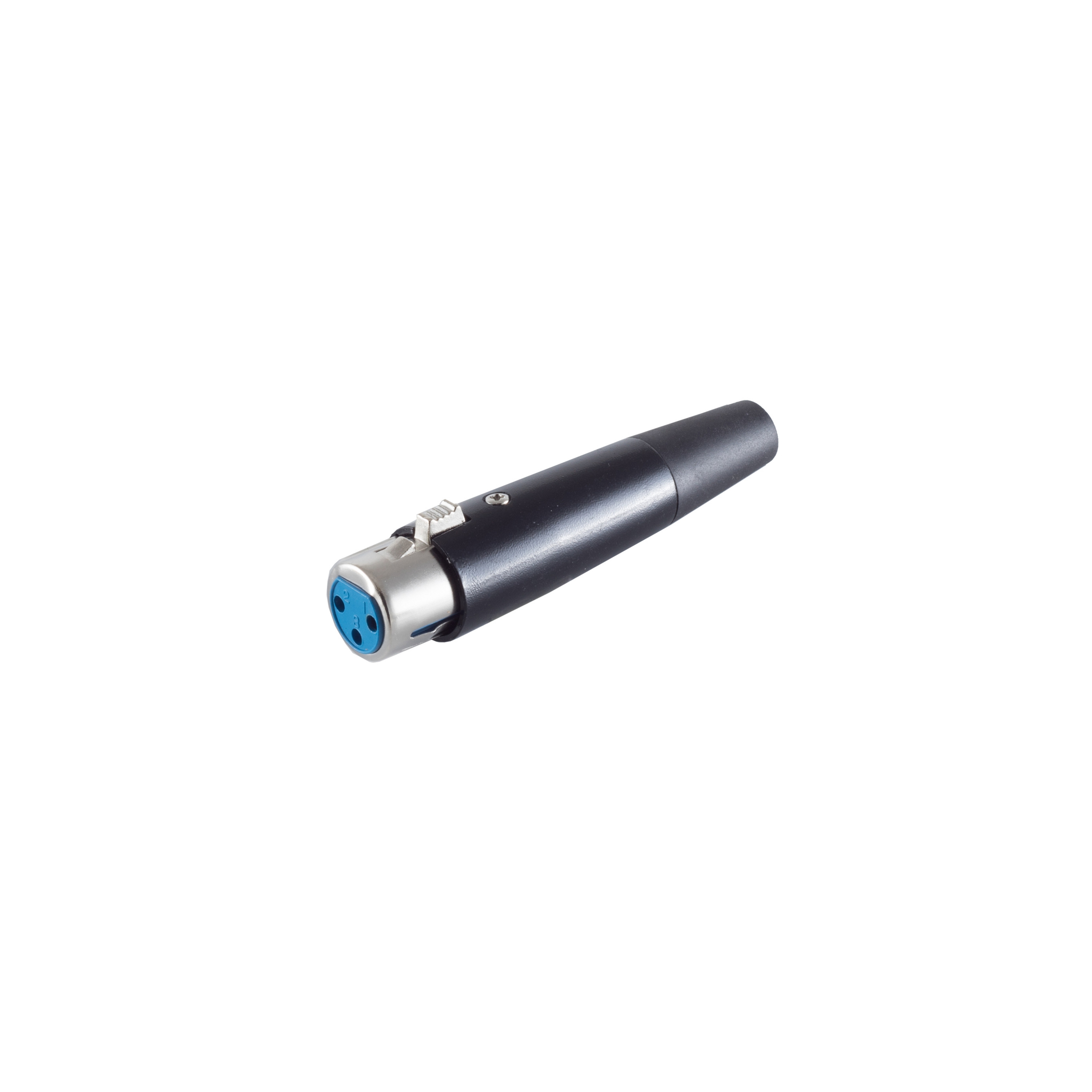 Schwarzer und blauer XLR-Stecker. Er hat drei blaue Stifte und eine Metallumrandung.