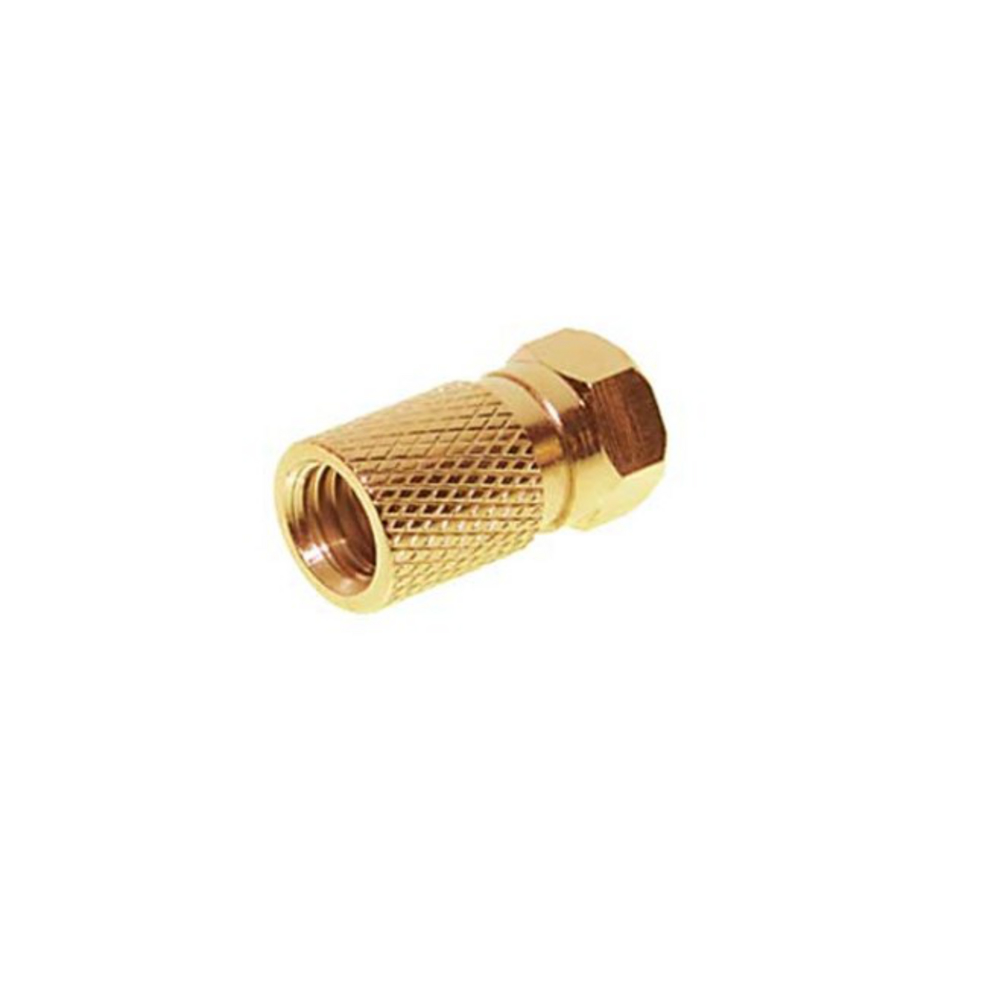 Goldfarbener Stecker mit Gewinde und sechseckiger Basis. Isoliert auf weißem Hintergrund.