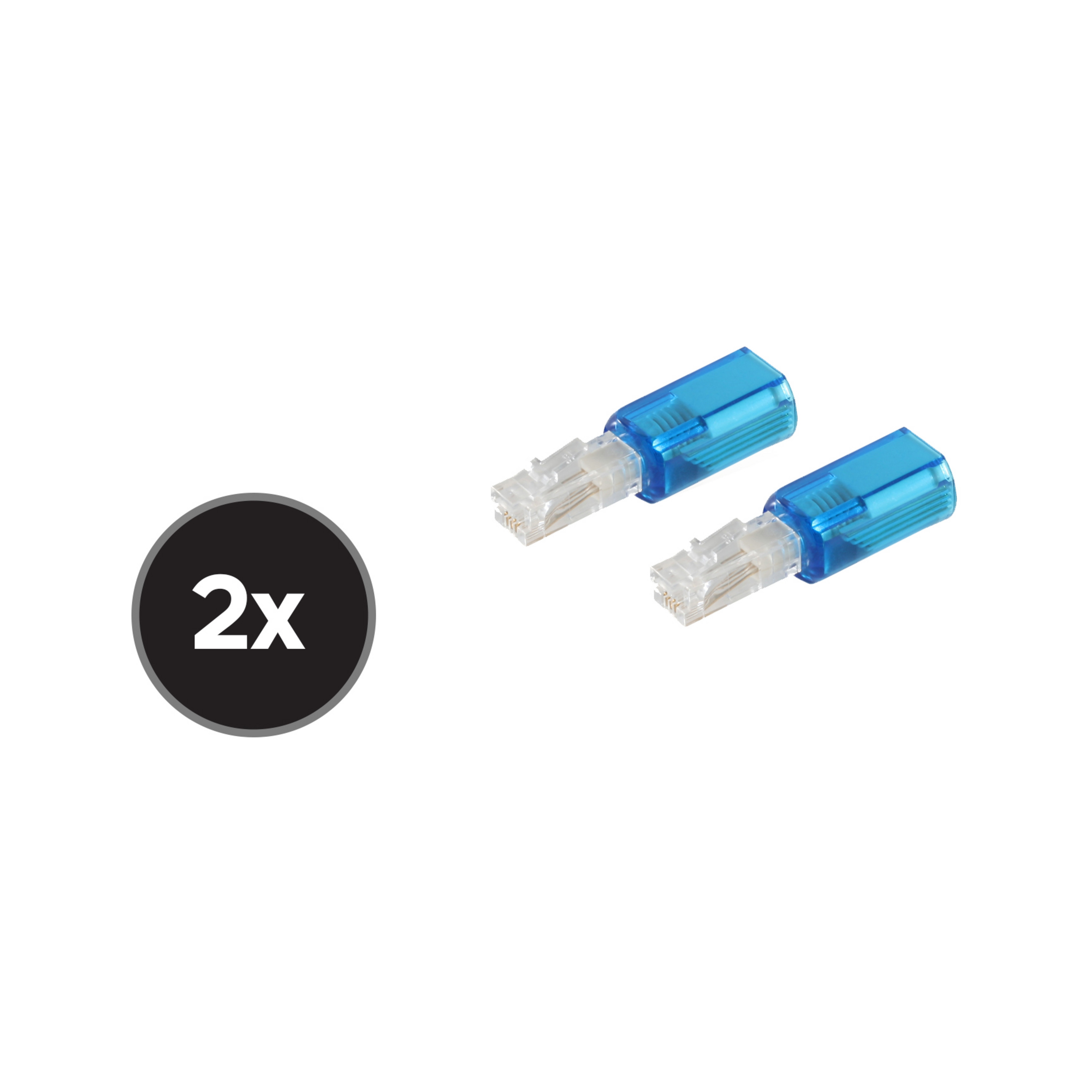 Zwei blaue RJ45-Stecker mit schwarzem Kreis für die Menge 2x, weißer Hintergrund.