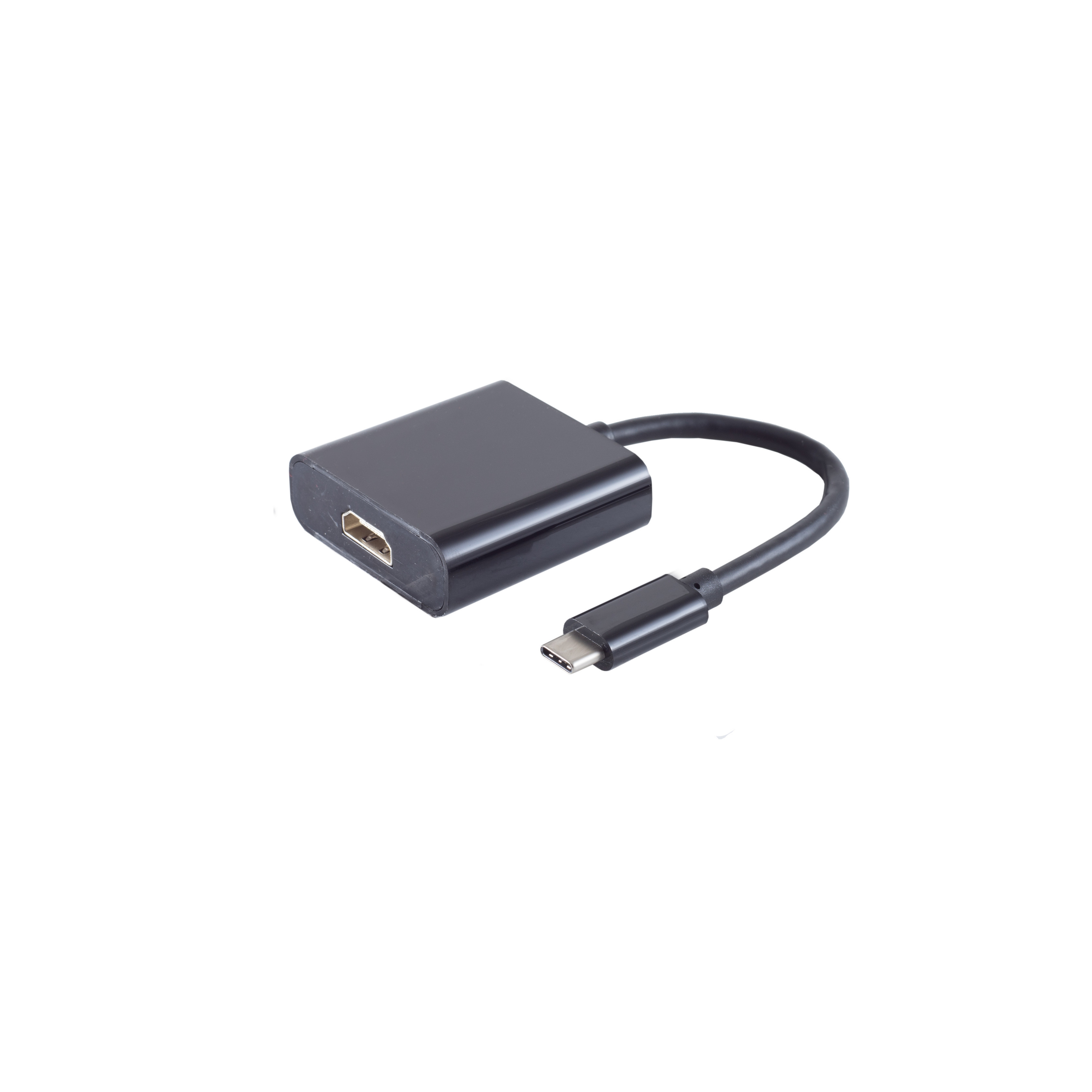 Schwarzer Adapter mit HDMI-Eingang und USB-C-Ausgang. Der Adapter befindet sich auf weißem Hintergrund. Das Kabel ist schwarz.