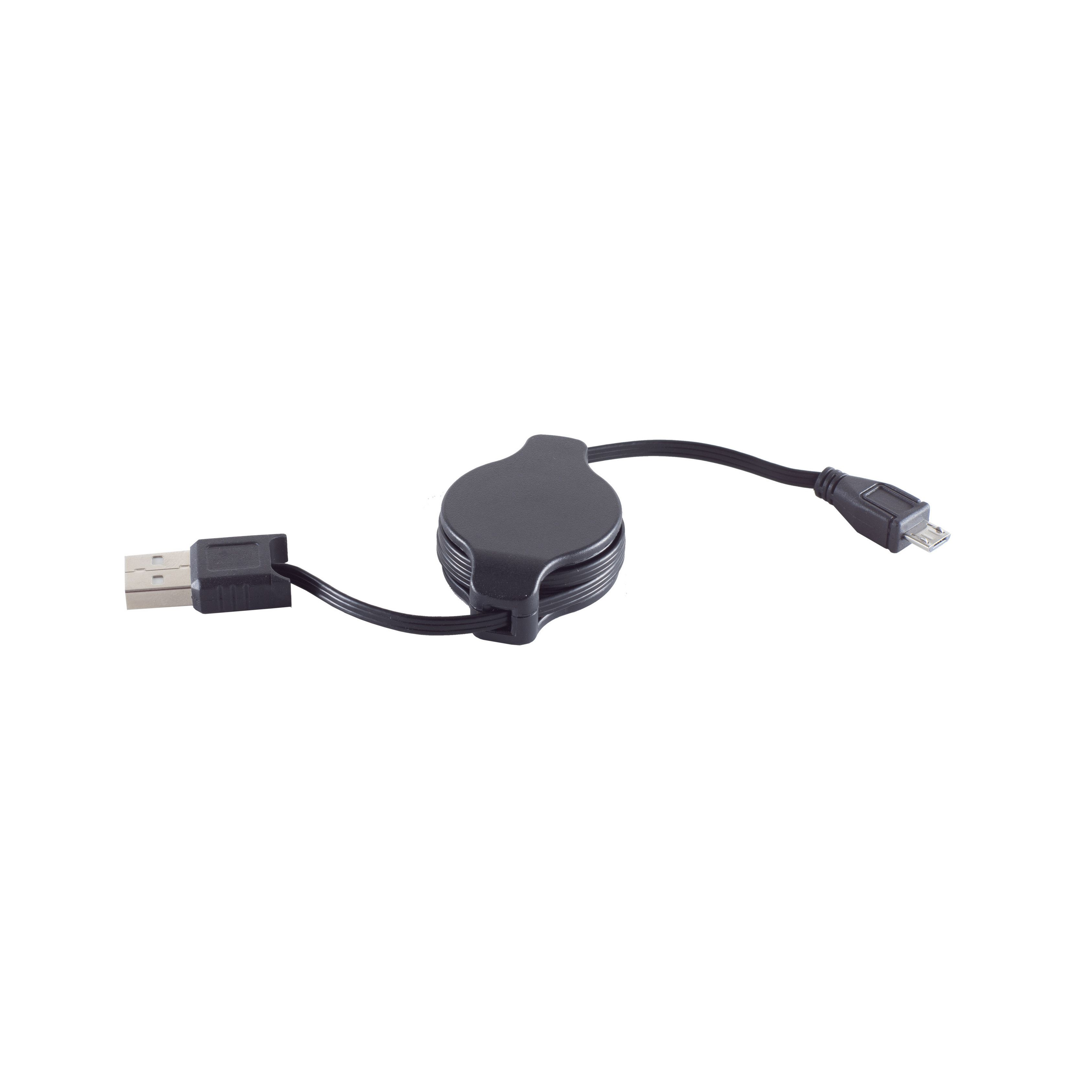 Einziehbares schwarzes USB-Kabel mit USB- und Micro-USB-Anschluss. Weißer Hintergrund.