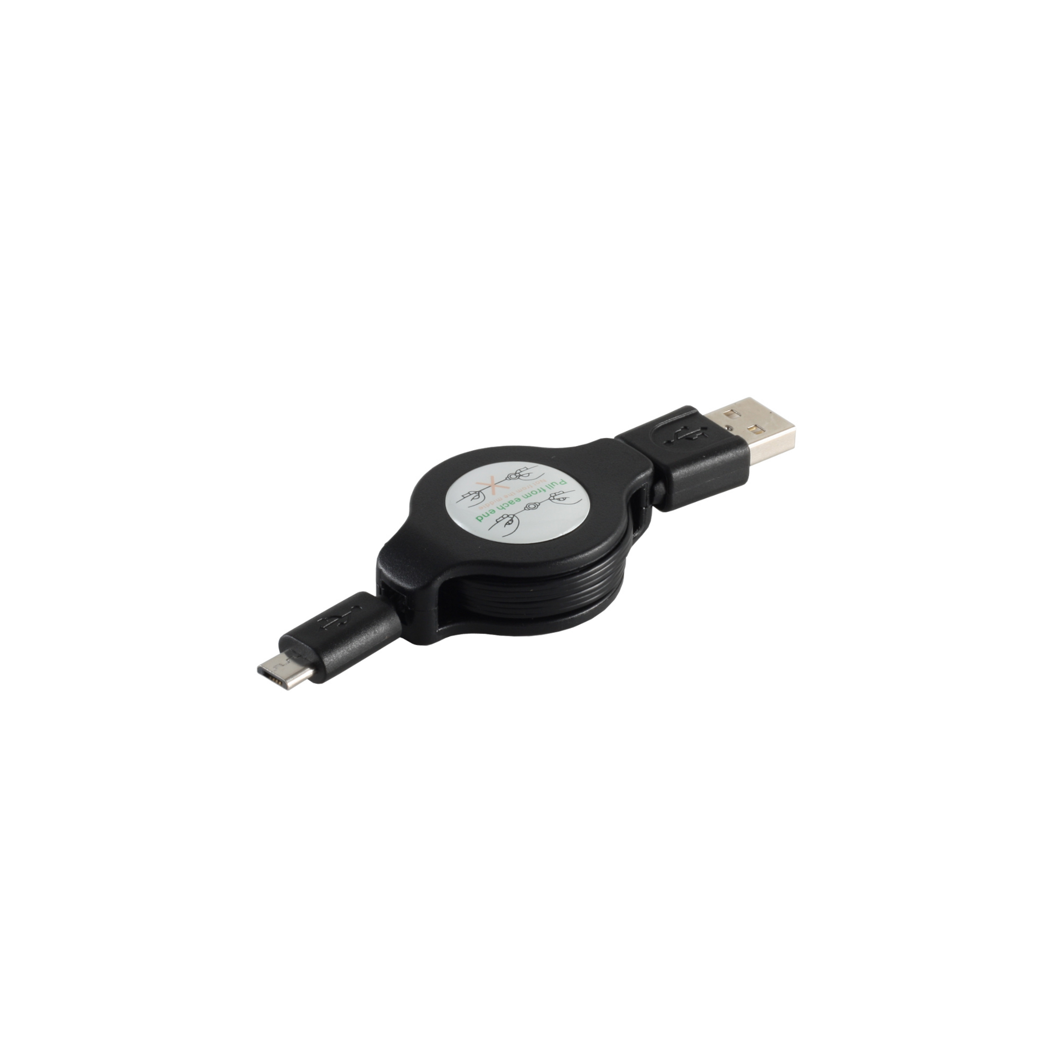 Einziehbares USB-Kabel mit Micro-USB- und USB-A-Anschlüssen. Schwarzes Gehäuse. Weißer Hintergrund.