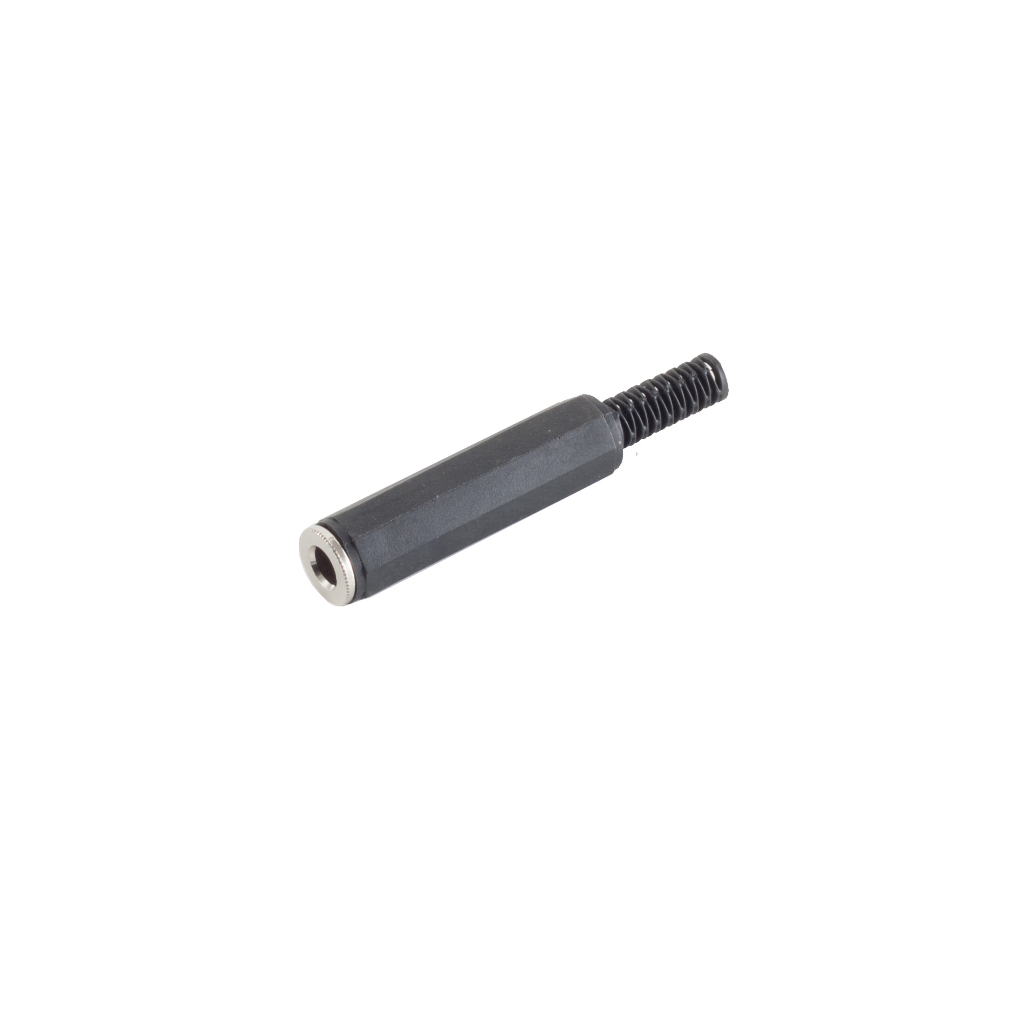 Ein schwarzer 3,5-mm-Audioanschluss, mit einem silberfarbenen Metalleinsatz.