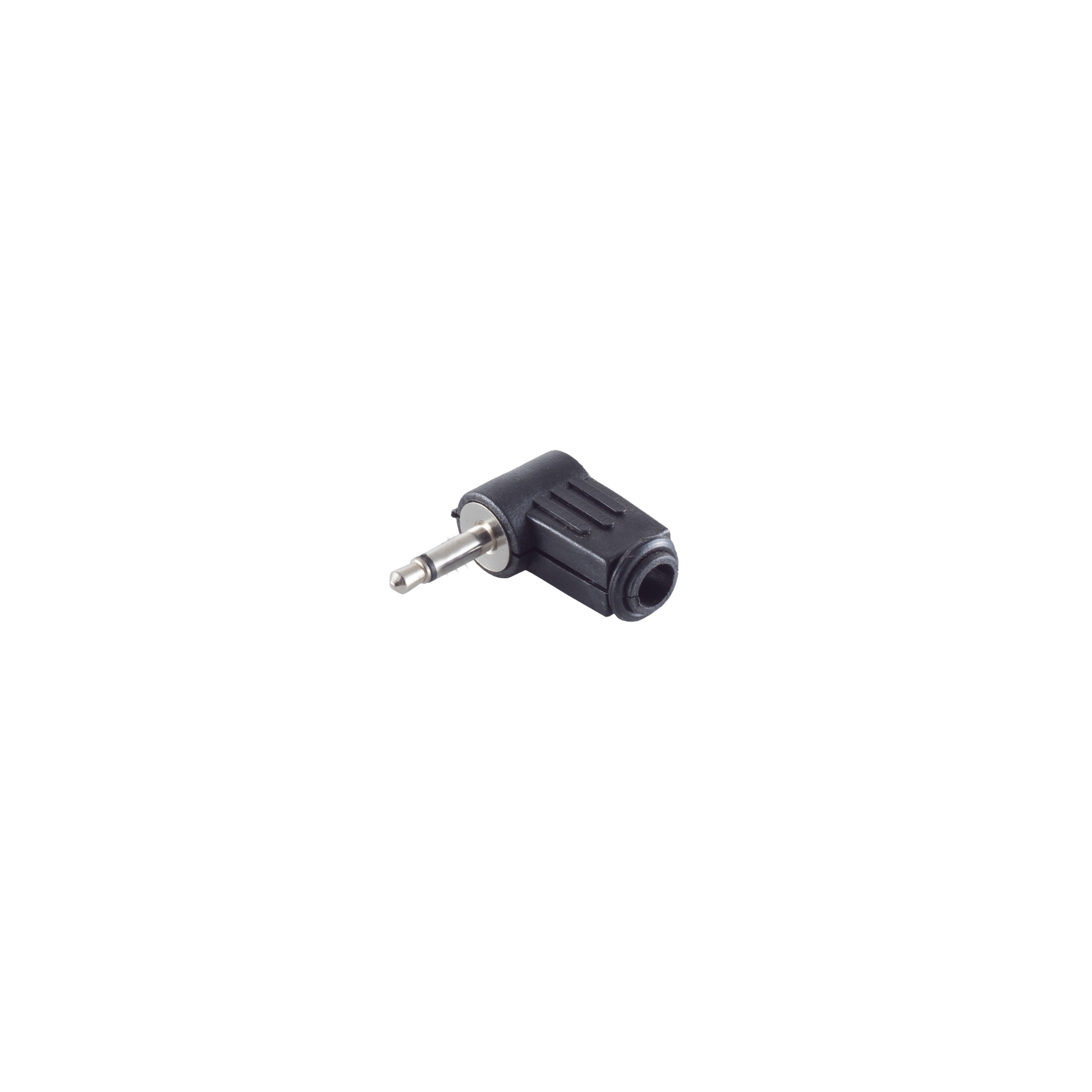 Schwarzer Audio-Klinkenadapter auf weißer Oberfläche.