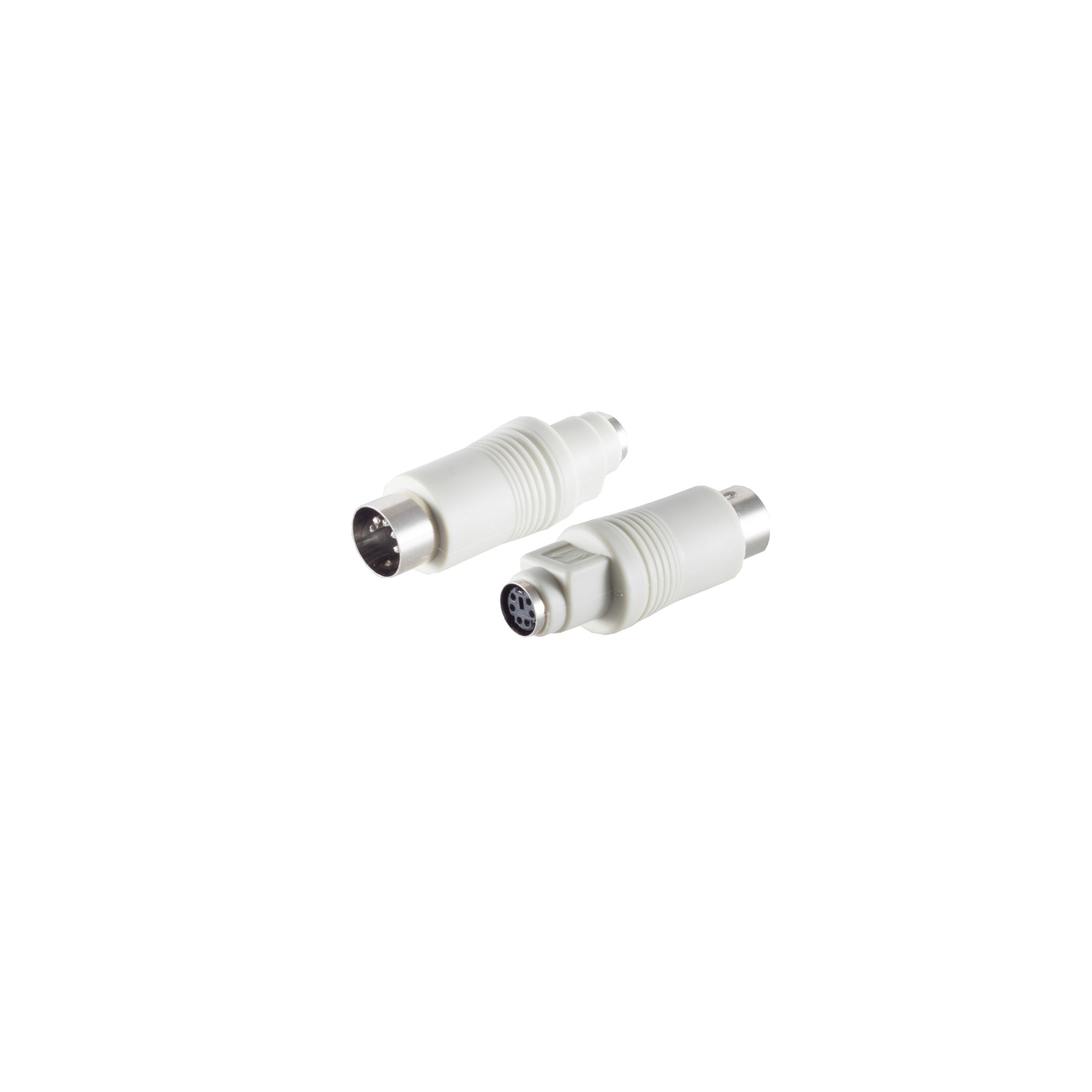 Zwei weiße S-Video-Stecker isoliert auf weißem Hintergrund.