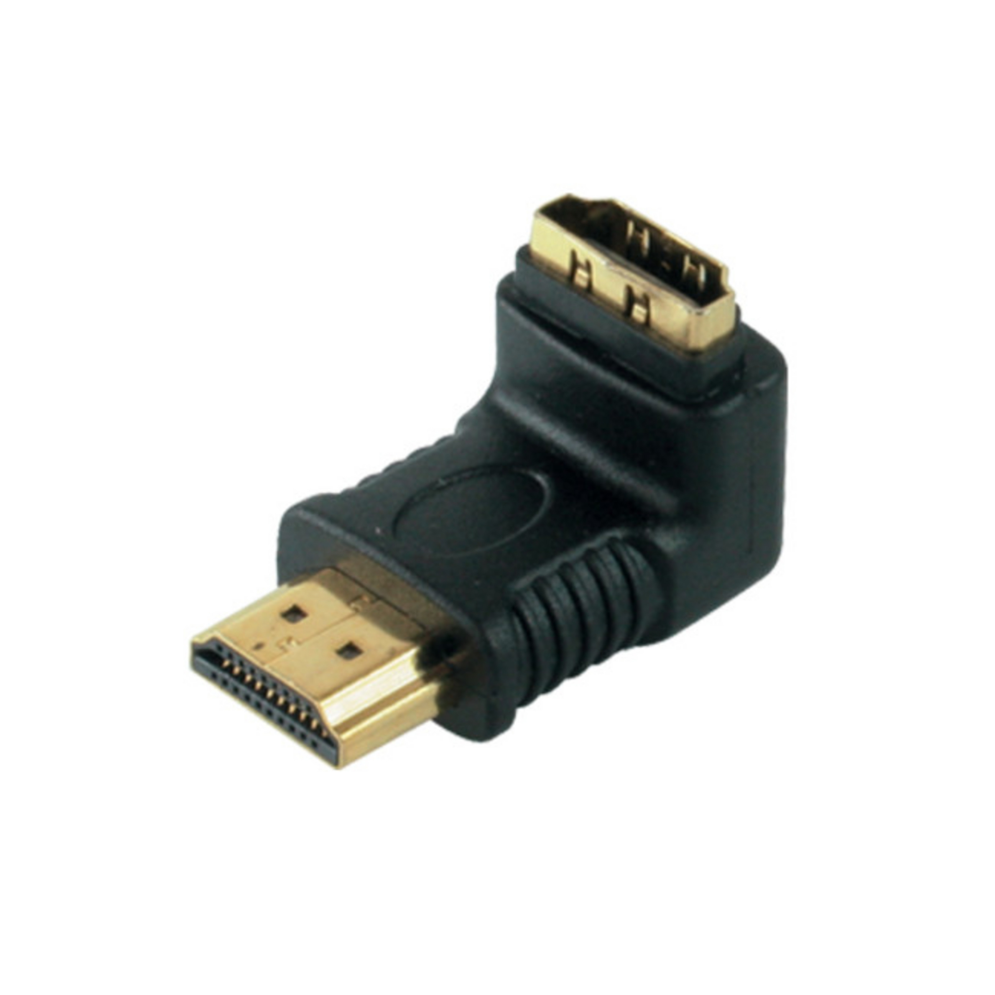 Schwarzer HDMI-Adapter mit zwei männlichen HDMI-Anschlüssen, die um 90 Grad abgewinkelt sind.