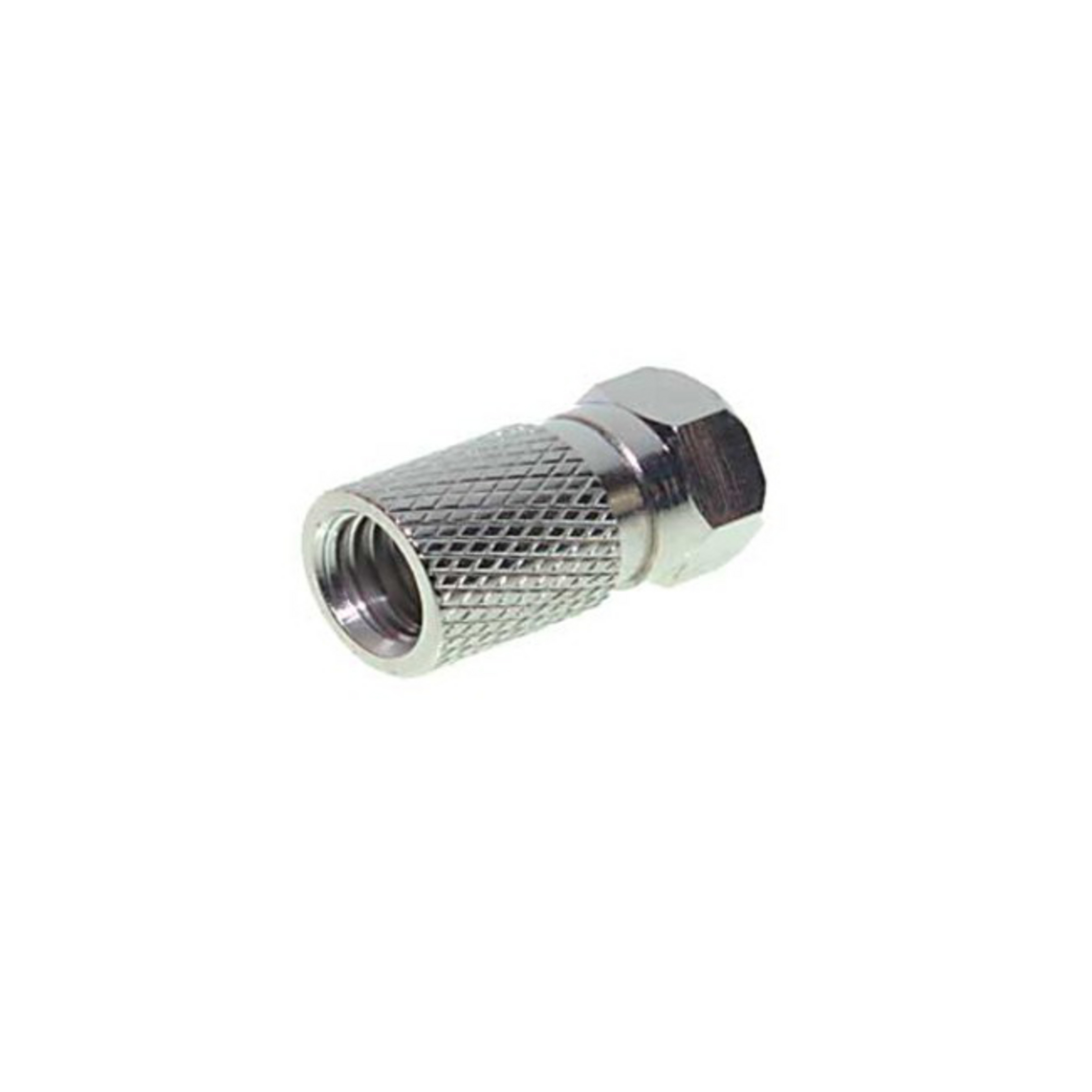 Silberner Koaxialkabelstecker. Er hat einen strukturierten Körper und einen zentralen Stift.