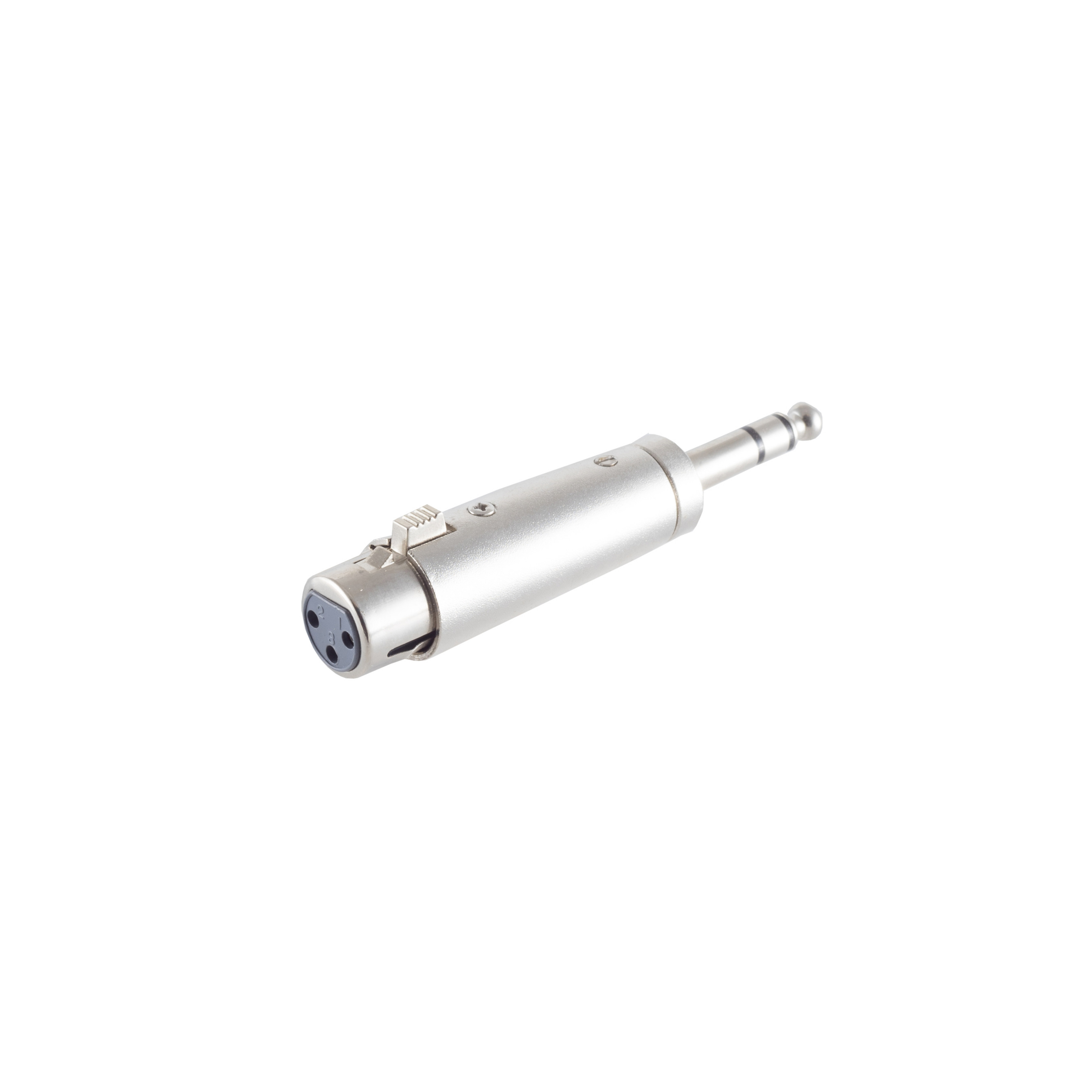 Silberfarbener Mikrofonadapter mit XLR-Buchse und 3,5-mm-Klinkenstecker, auf Weiß.