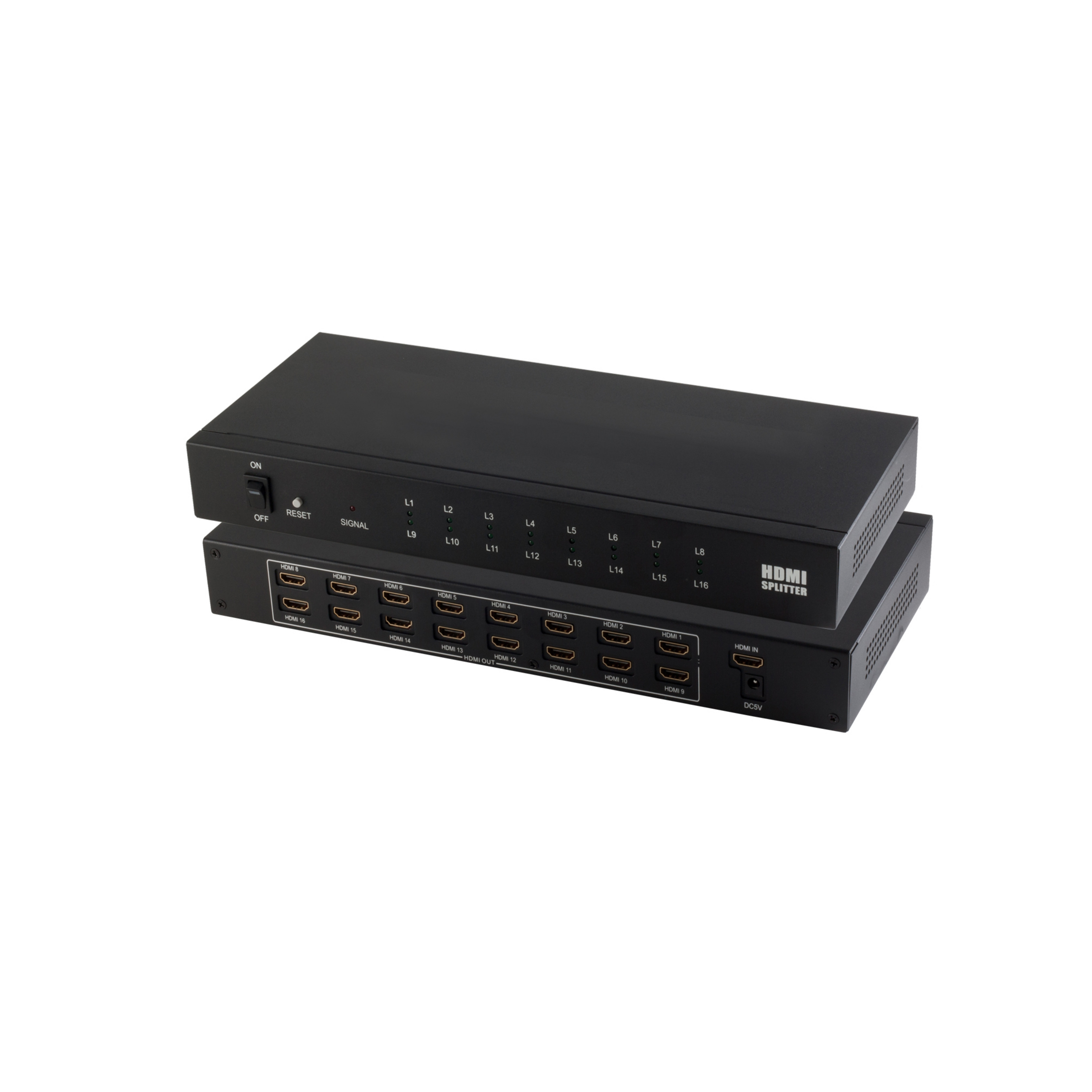 Gestapelter schwarzer HDMI-Splitter mit verschiedenen HDMI-Anschlüssen.