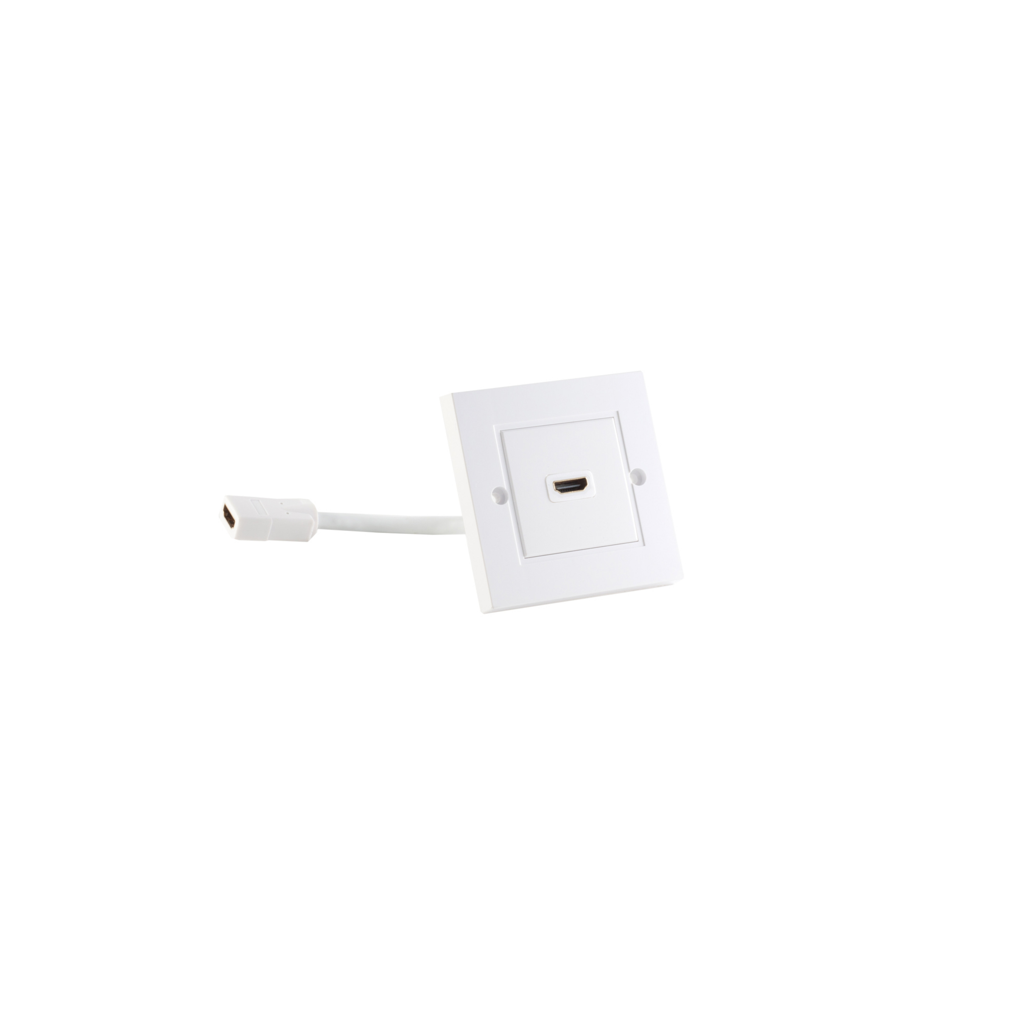 Weiße Wandsteckdose mit HDMI-Anschluss und weißem Kabel. Isoliert auf weißem Hintergrund.