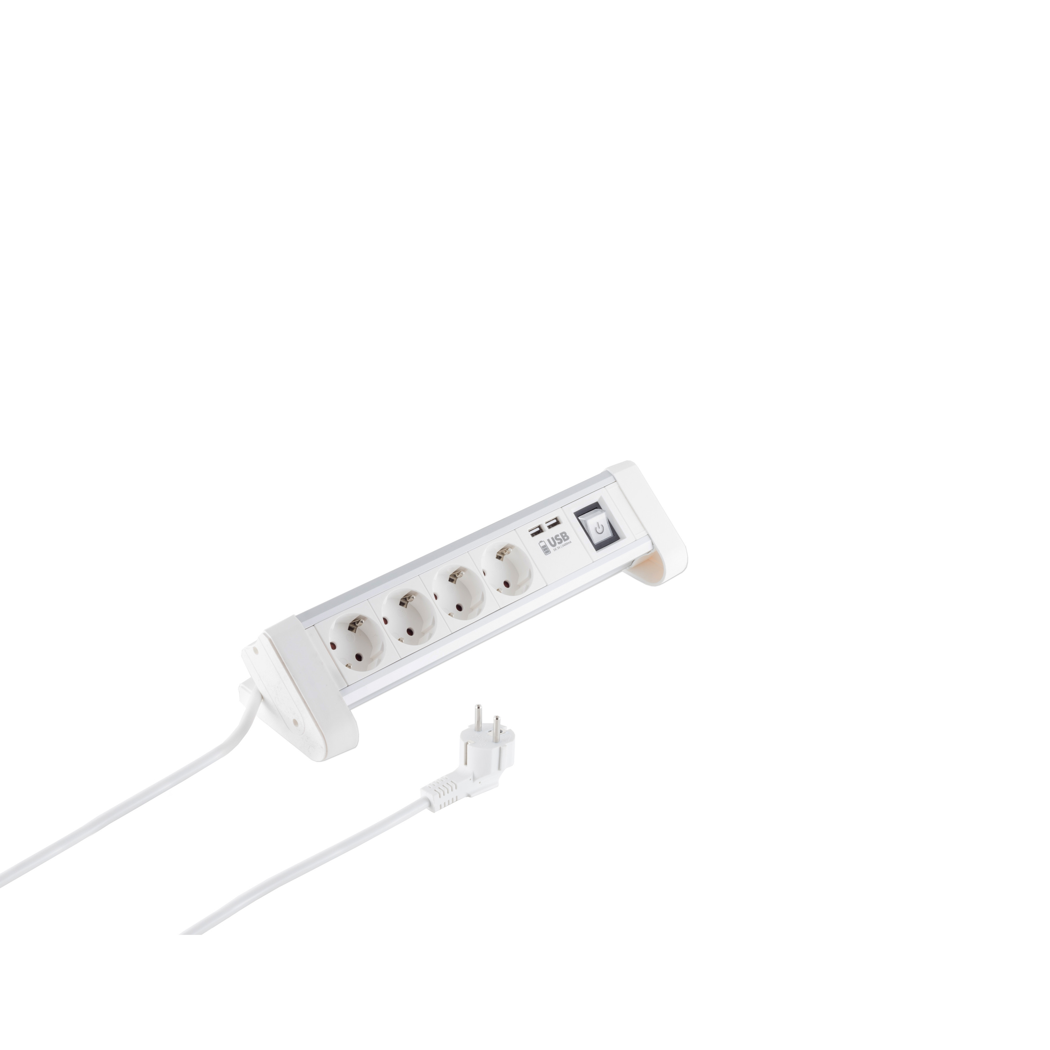 Eine weiße Steckdosenleiste mit 4 Steckdosen, 2 USB-Anschlüssen und einem Netzschalter, auf weißem Hintergrund.