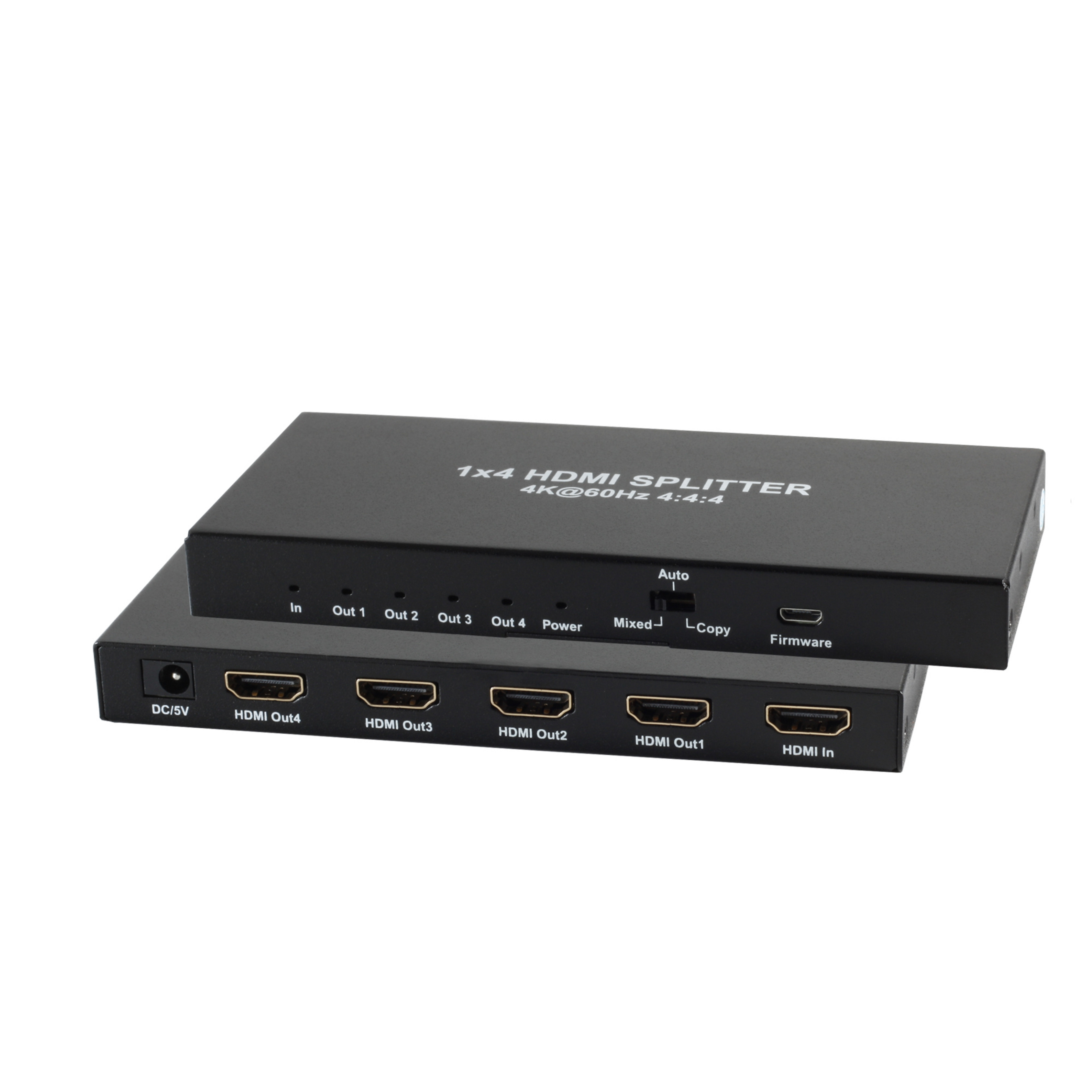 Ein schwarzer 1x4 HDMI-Splitter auf weißer Oberfläche. Die Anschlüsse sind beschriftet. Der Hintergrund ist weiß.