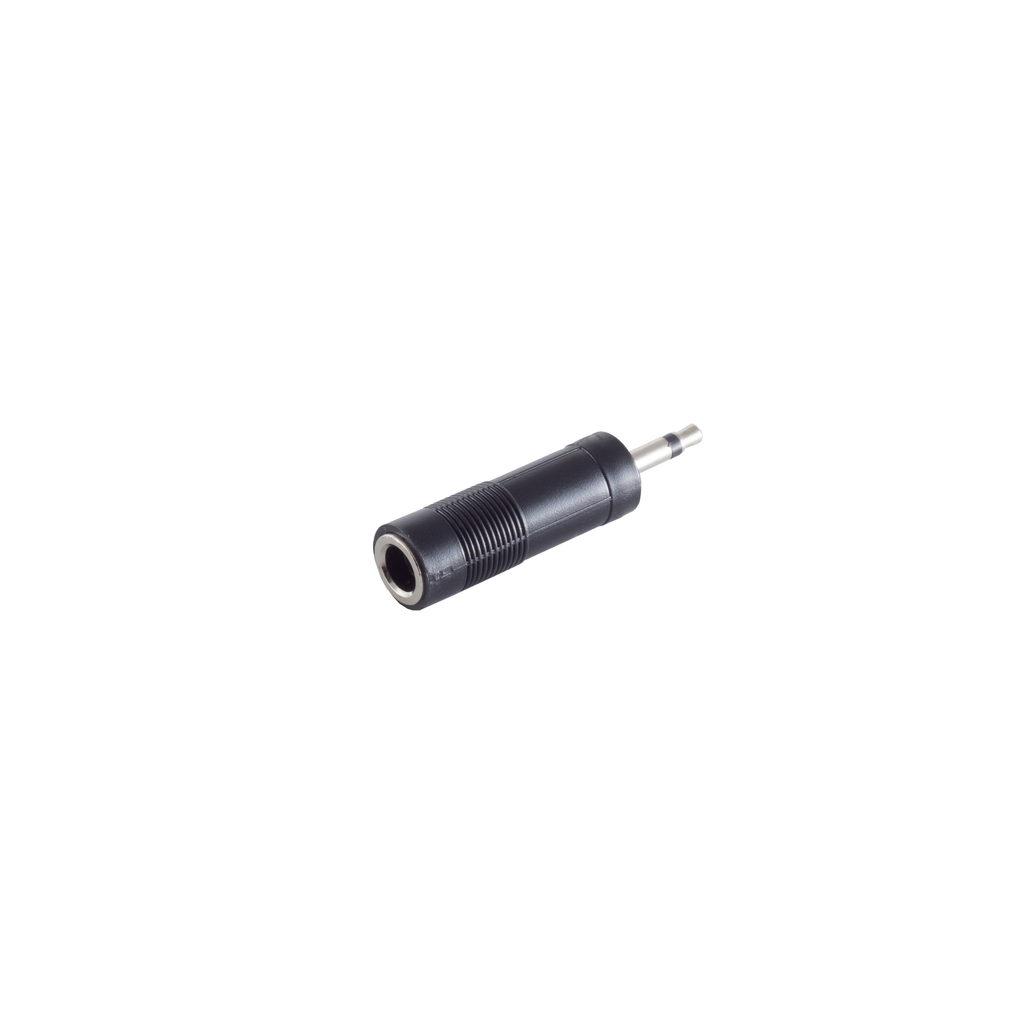 Schwarzer 3,5-mm-Audioadapter auf weißem Hintergrund.