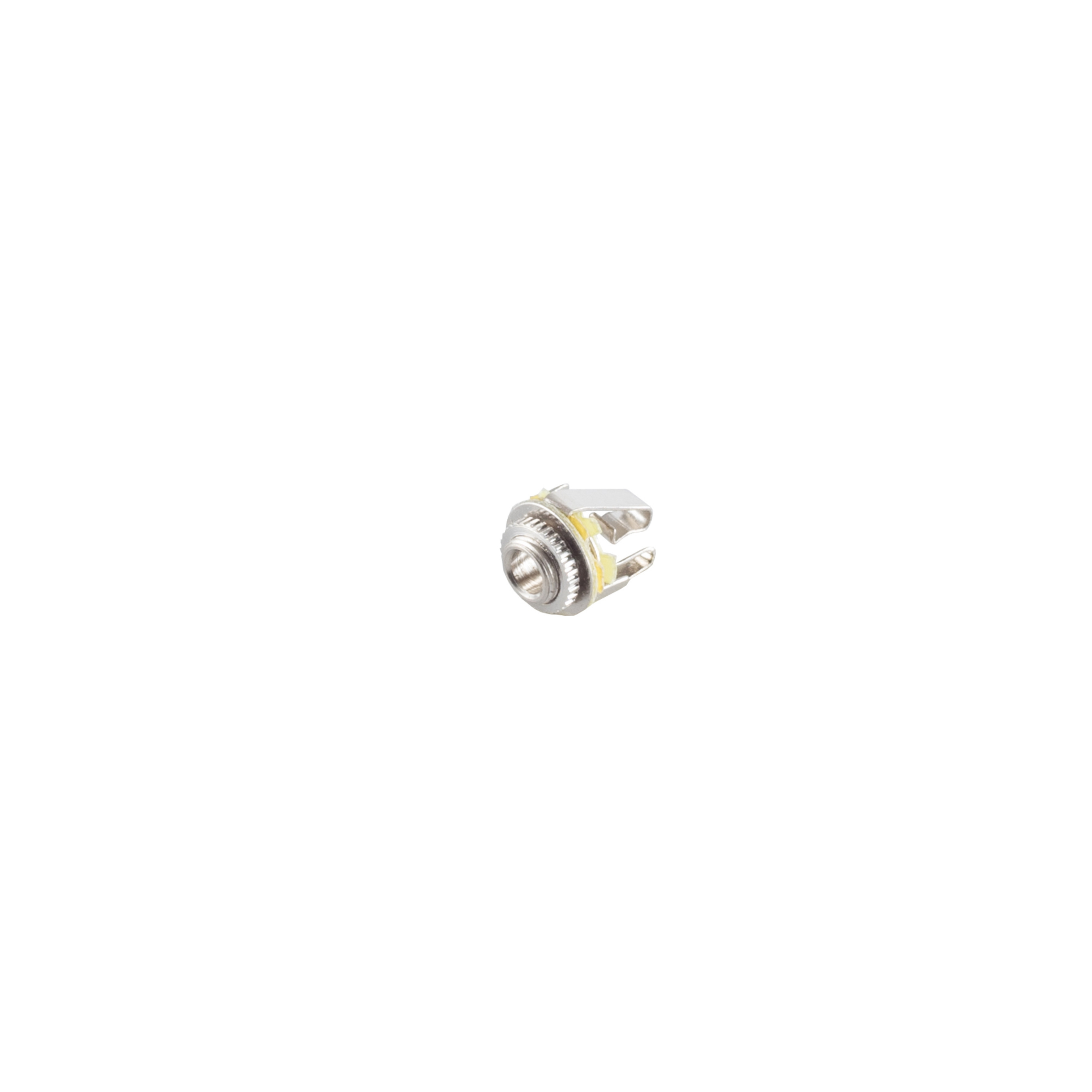 Kleiner metallischer Audio-Klinkenstecker auf weißem Hintergrund.