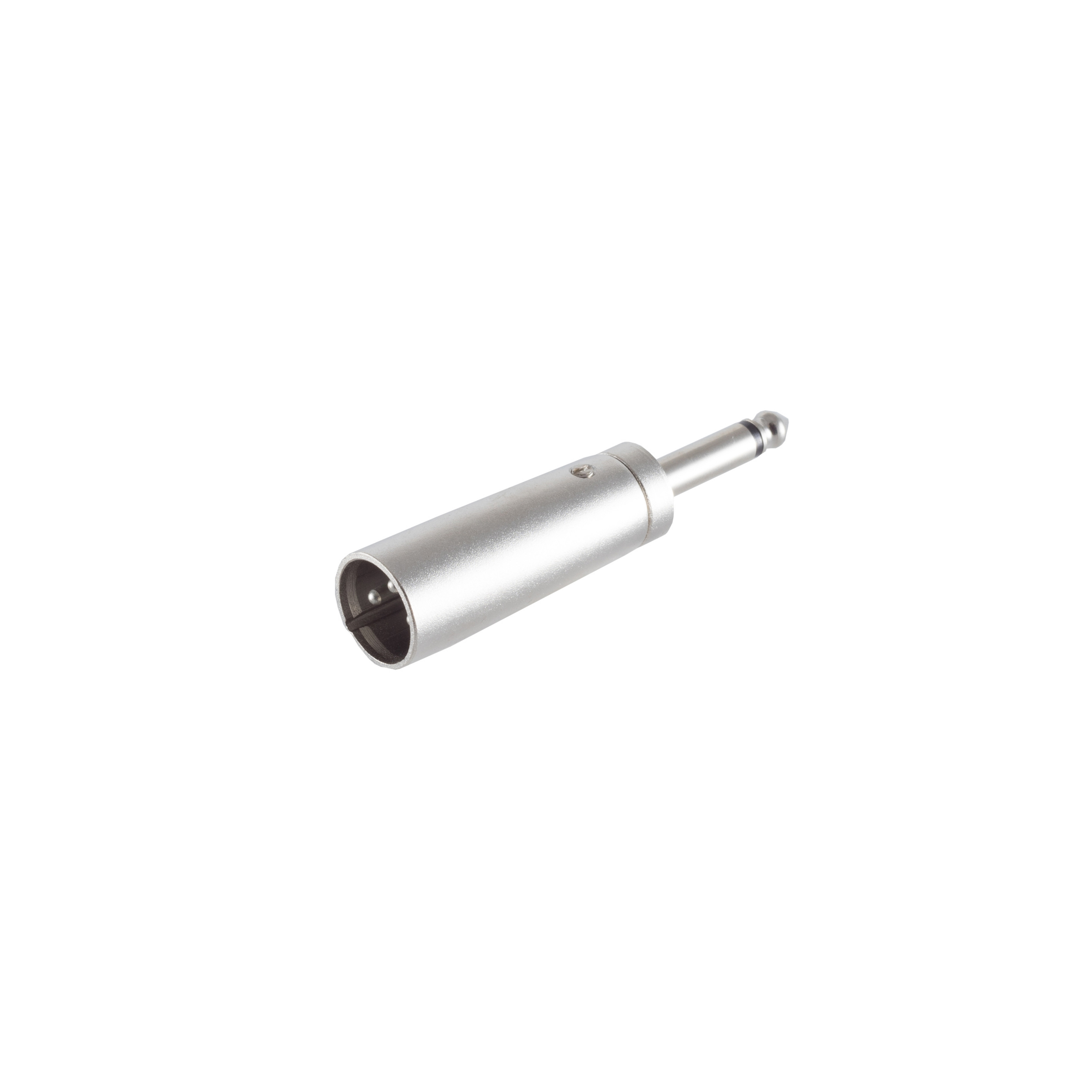 Ein silberfarbener Audio-Klinkenadapter auf weißem Hintergrund.