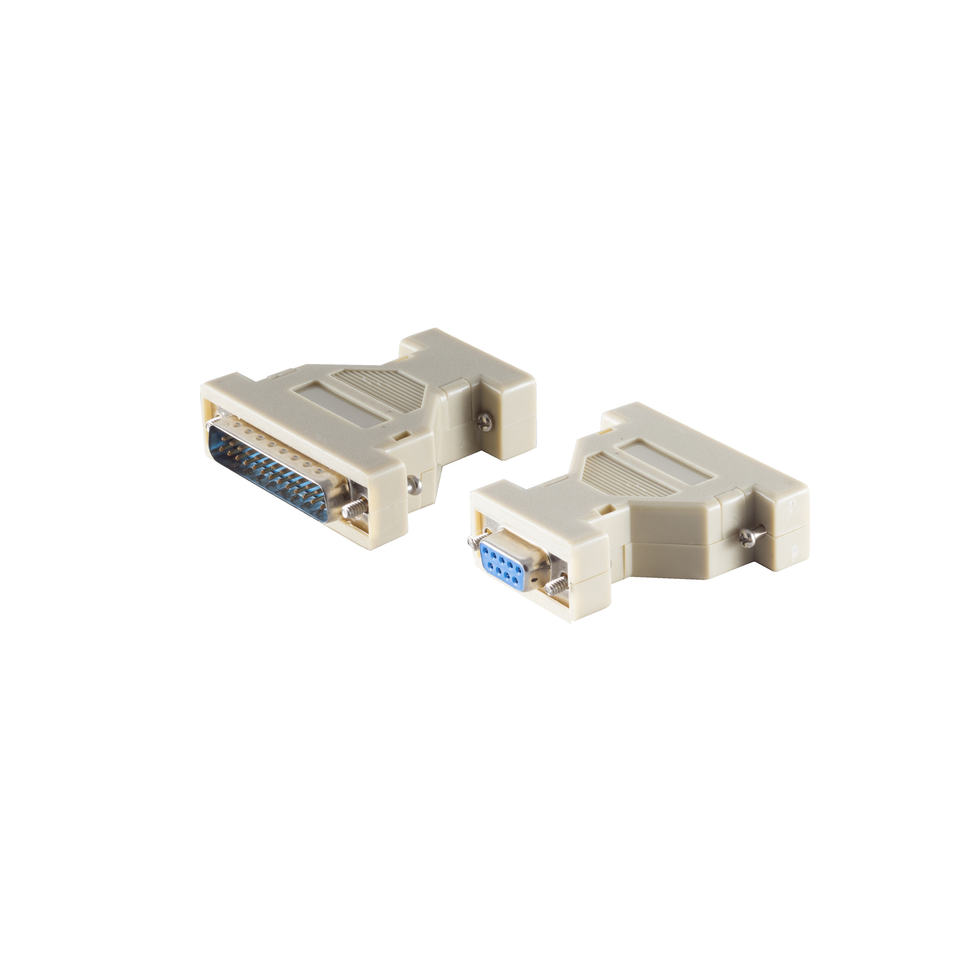 Zwei beige serielle Portadapter. Sie sind aus Kunststoff mit Metallanschlüssen.