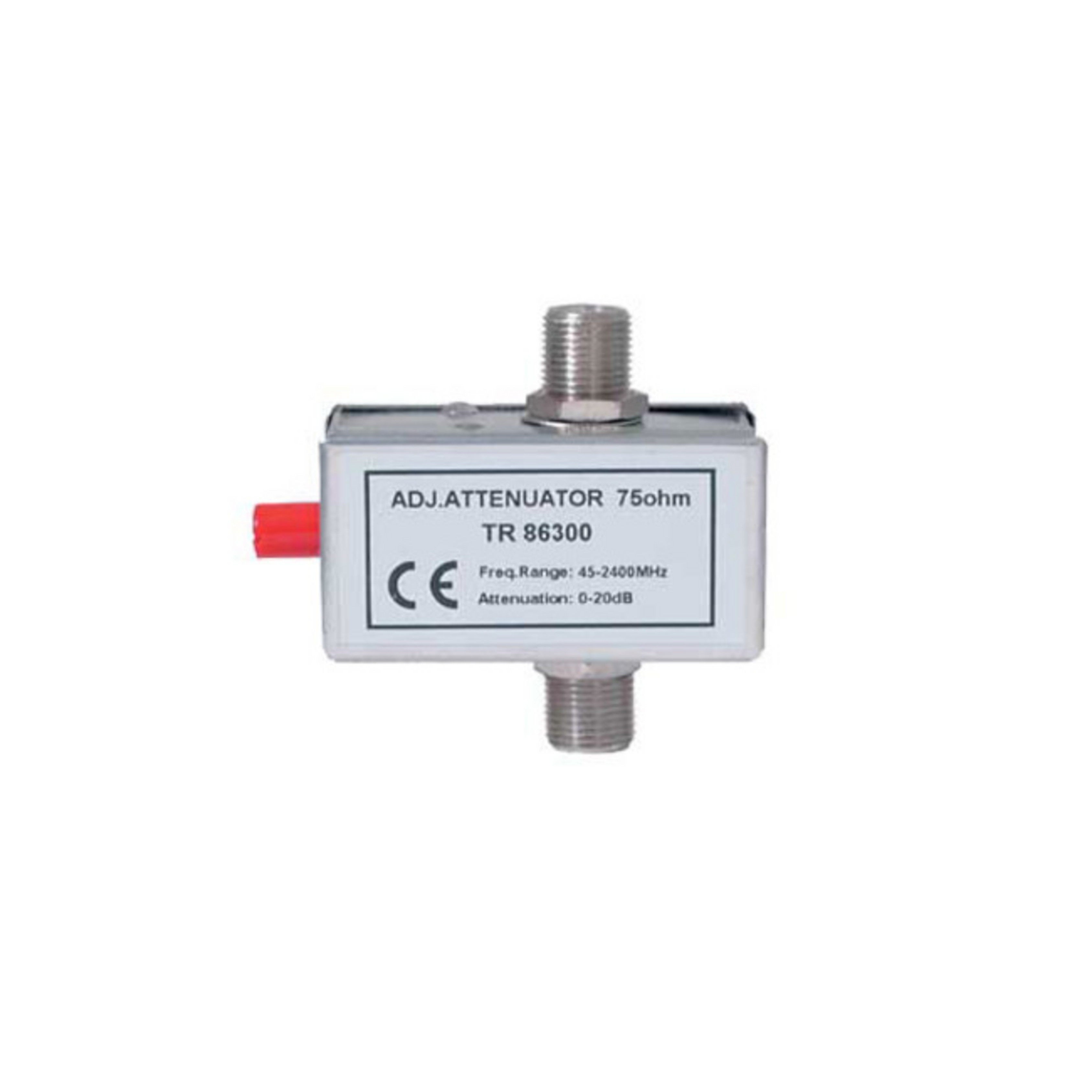Ein silber-schwarzer Adapter mit rotem Anschluss. Text: 'ADJ. ATTENUATOR 75ohm'.
