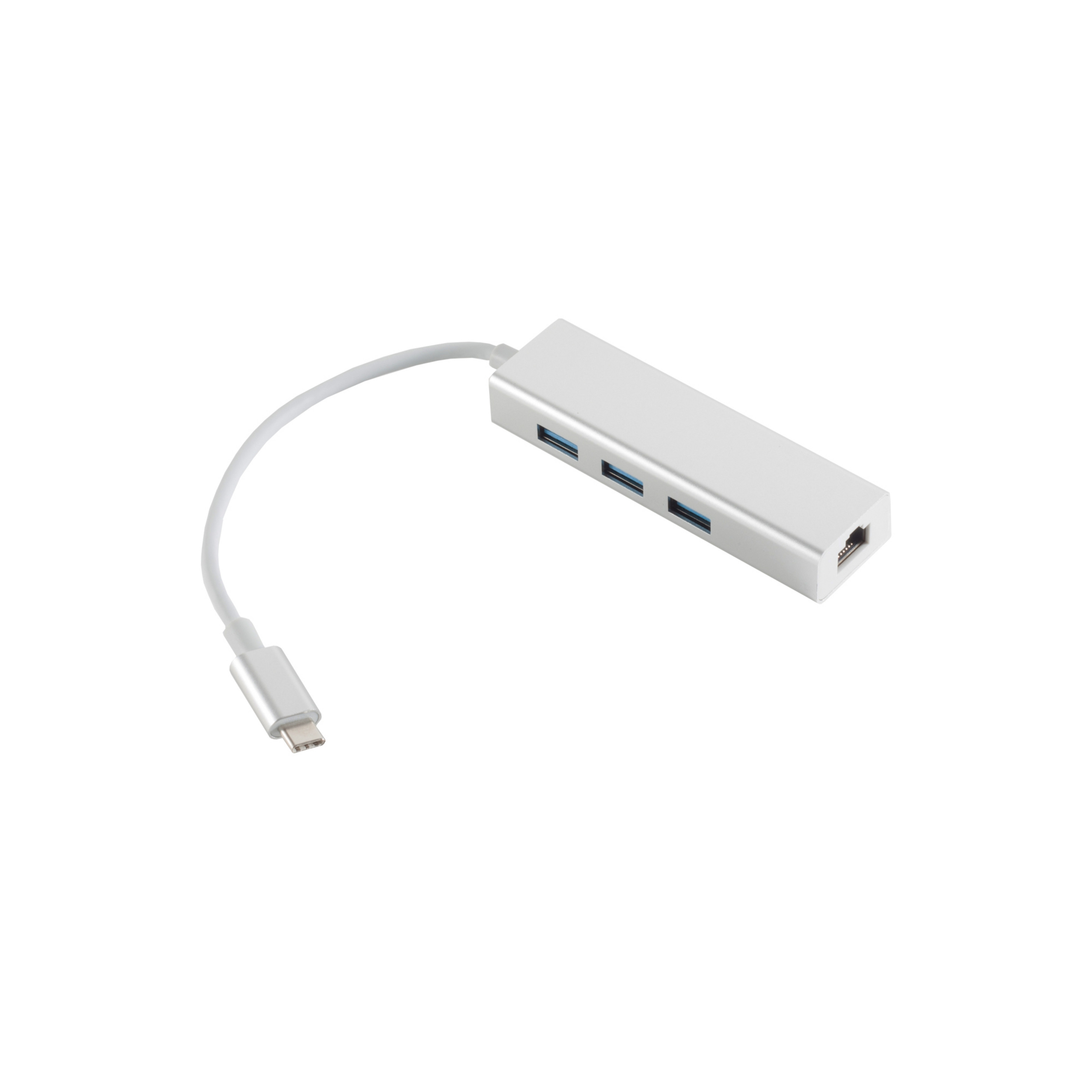 Ein silberner USB-Hub mit drei USB-Anschlüssen und einem USB-C-Kabel auf weißem Hintergrund.
