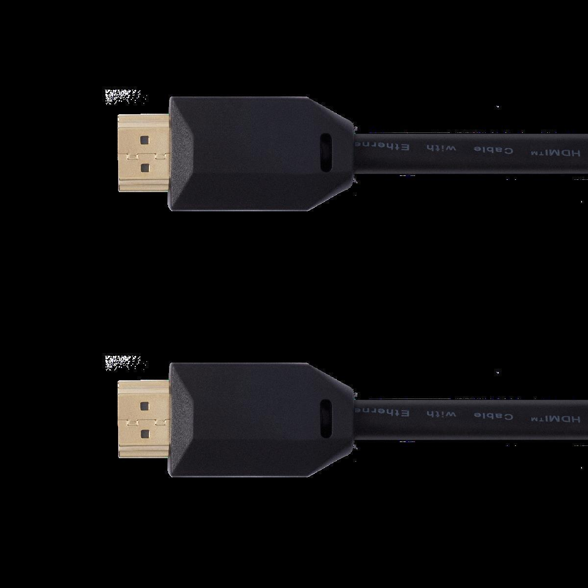 Zwei schwarze HDMI-Kabel mit goldenen Steckern auf schwarzem Hintergrund.
