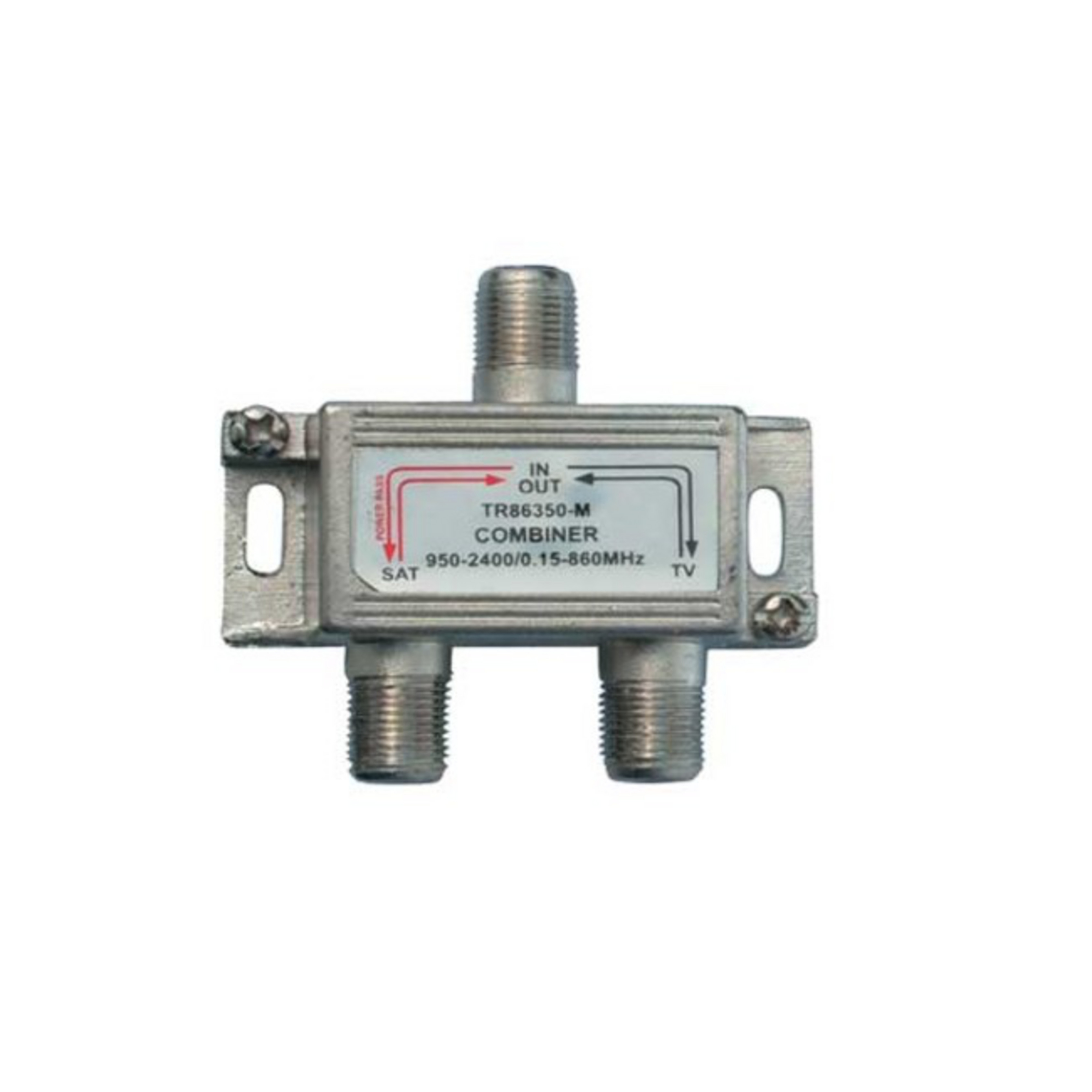 Ein Metall-Combiner mit zwei Eingängen, IN und OUT. Modellnummer TR86350-M.