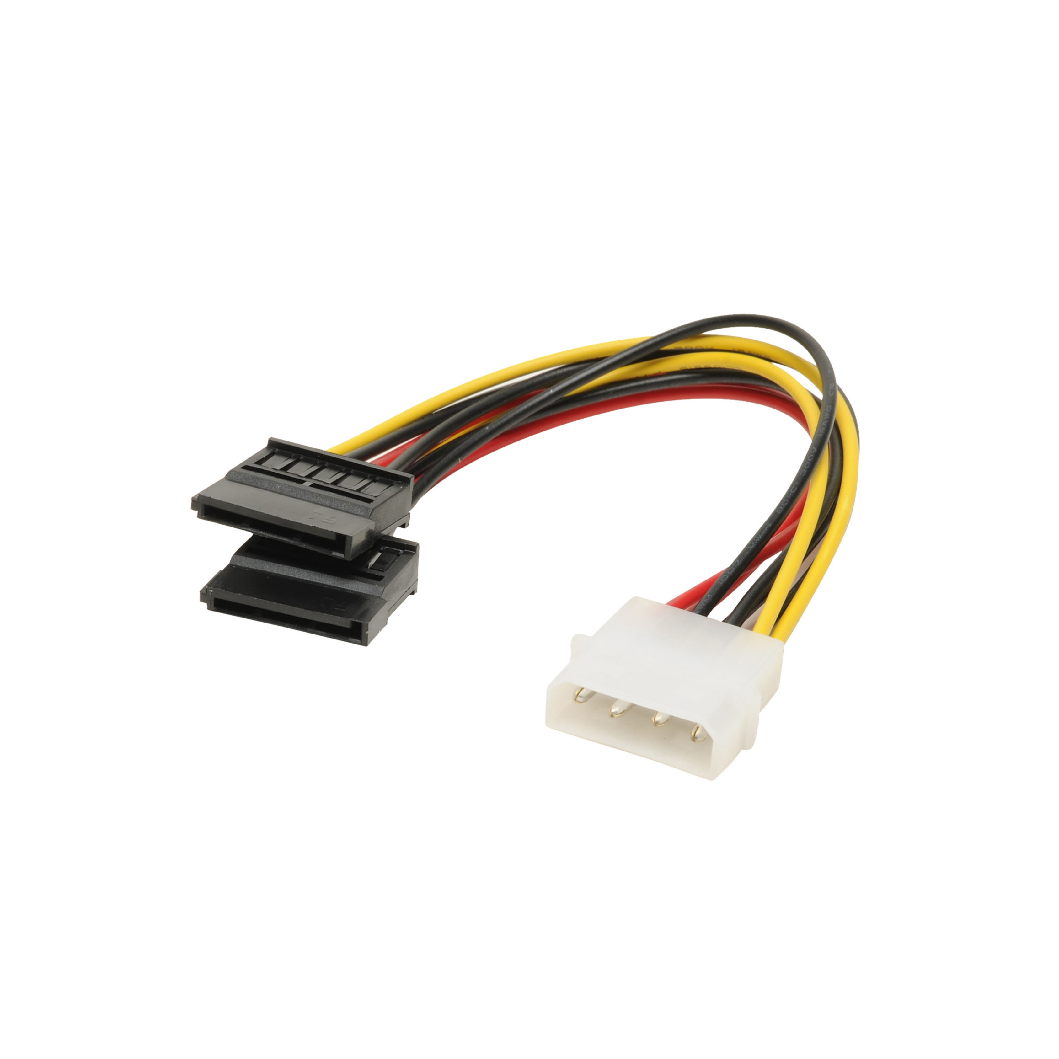 SATA-Stromadapterkabel mit schwarzen, gelben und roten Drähten. Zwei Anschlüsse, einer männlich, einer weiblich.