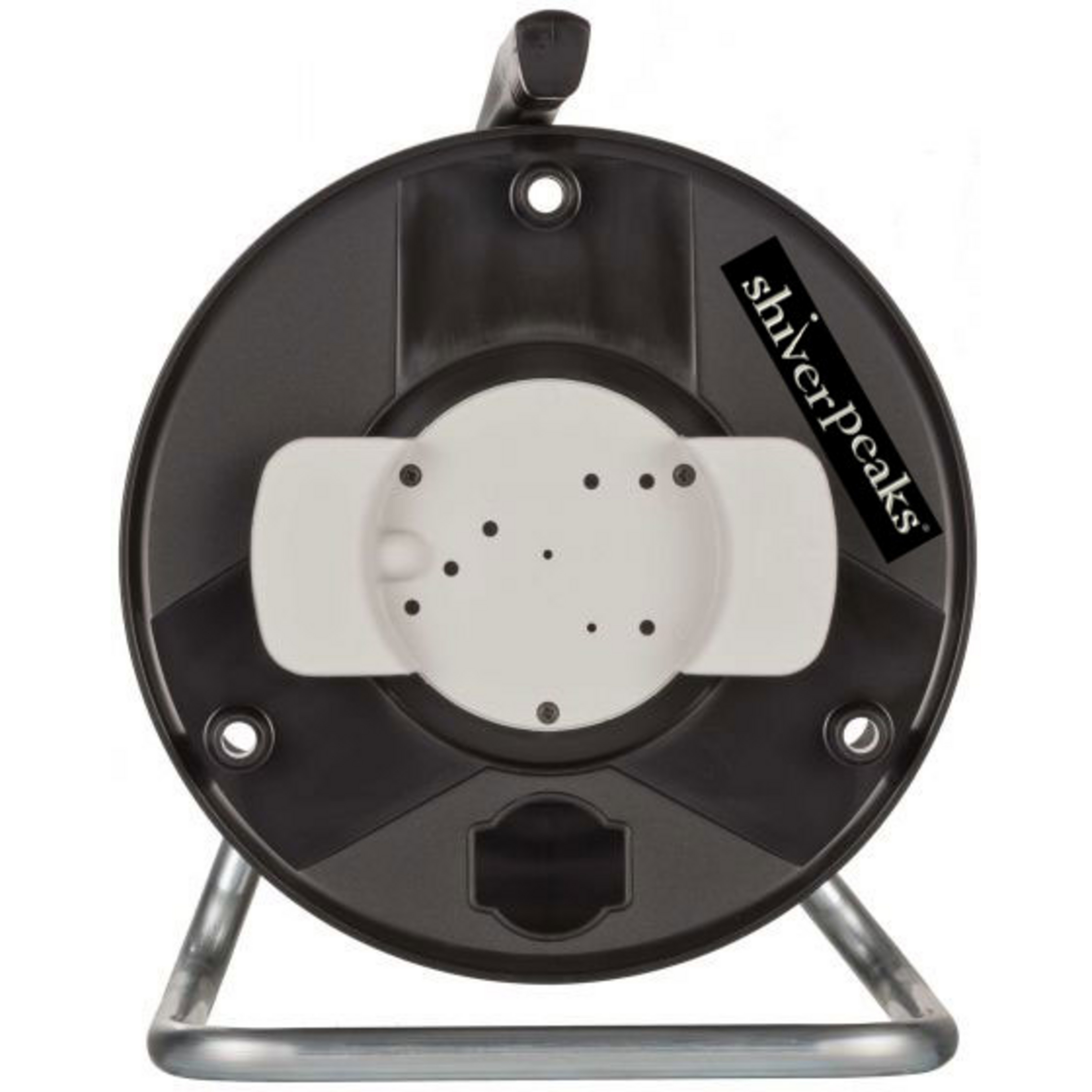 Schwarze Kabeltrommel mit silbernem Ständer und weißer Mitte mit Logo. Hintergrund ist weiß.