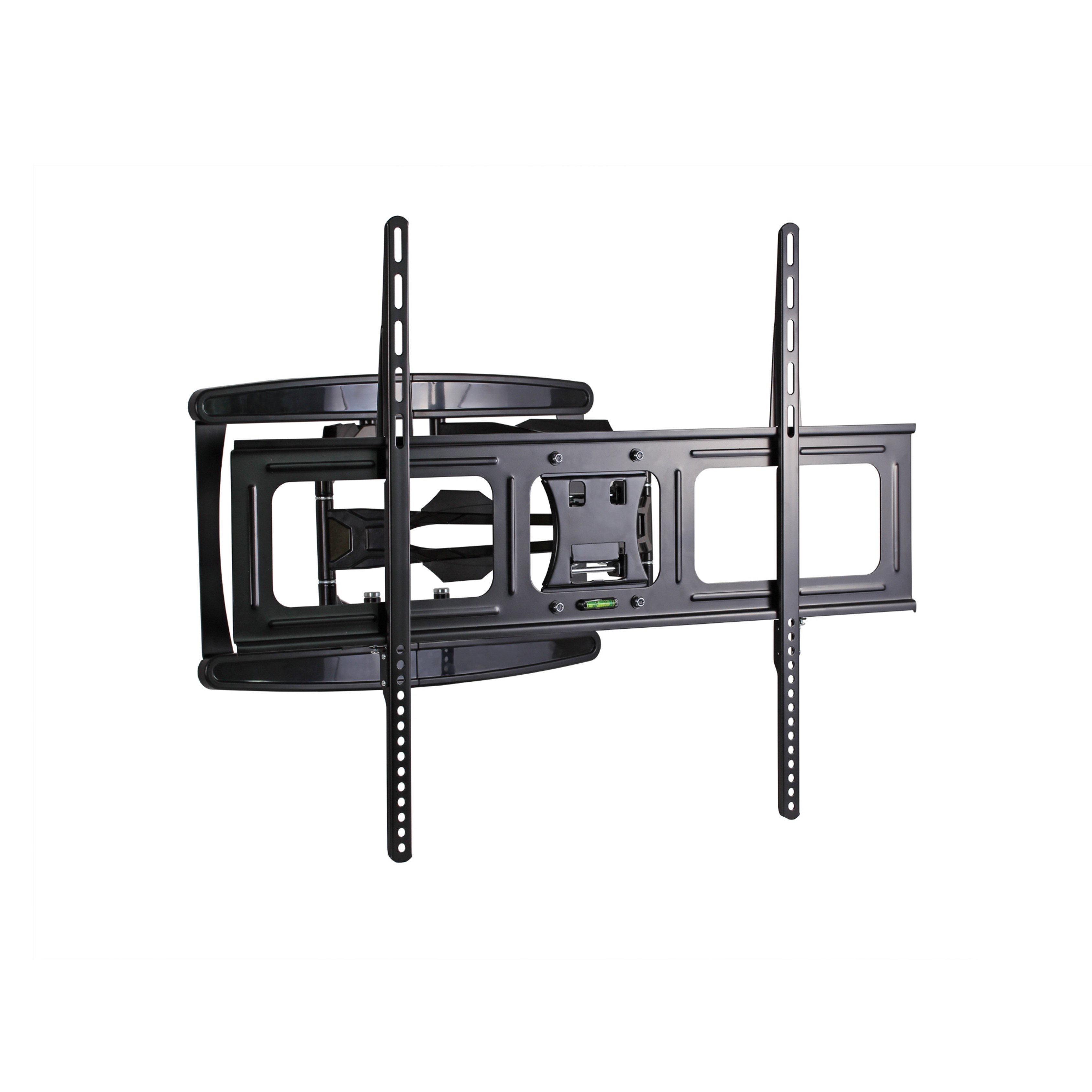 Schwarze TV-Wandhalterung. Metallrahmen mit verstellbaren Armen und Montagehalterungen, auf weißem Hintergrund.